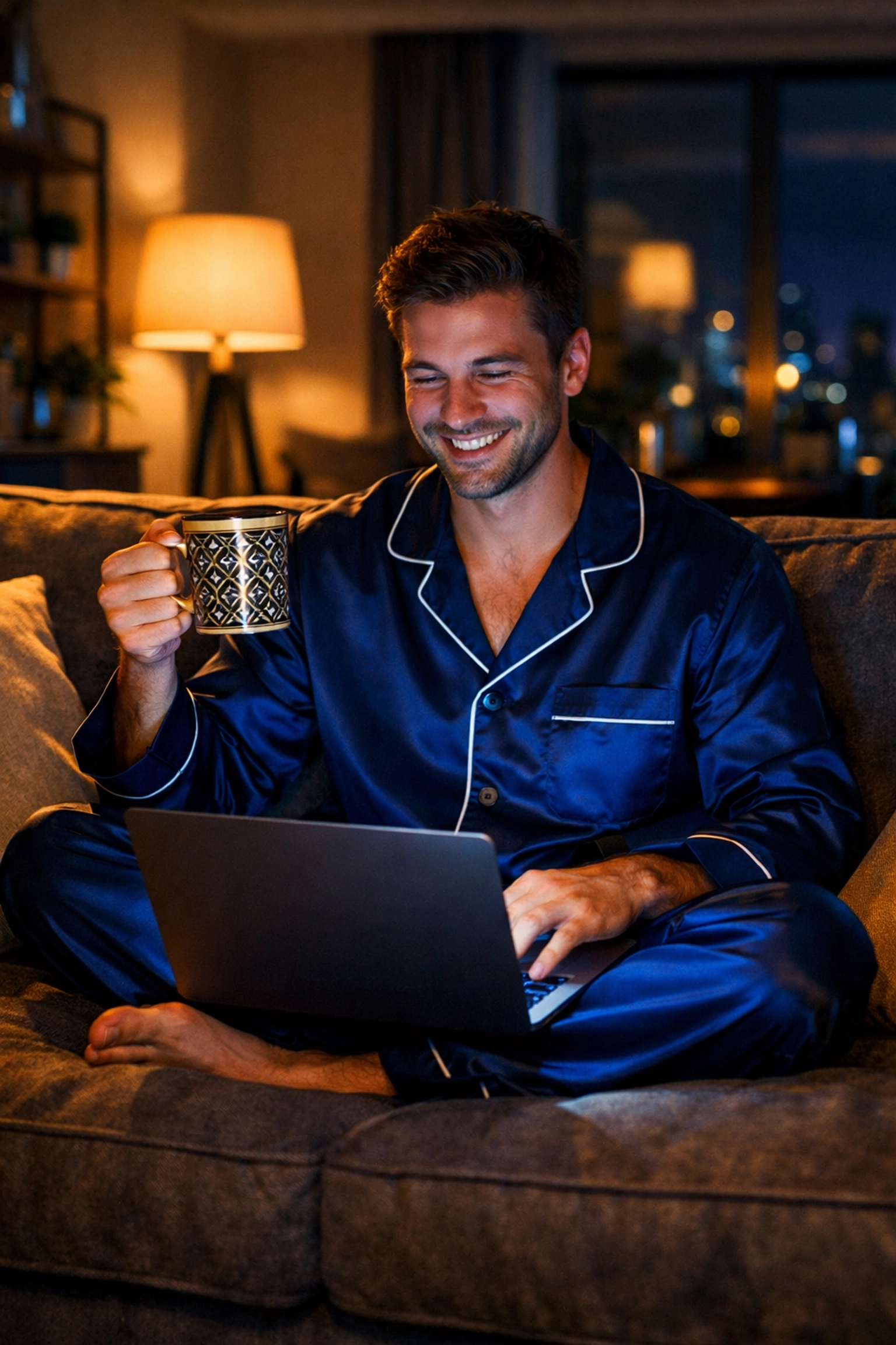 A person in pajamas comfortably booking 801 Food Trucks catering on a laptop late at night.