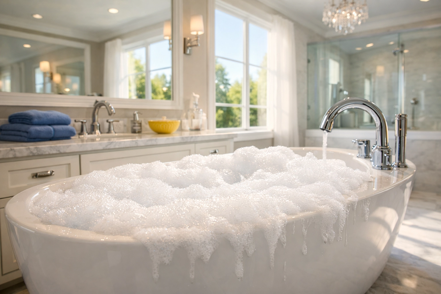 Active cleaning foam sitting on a soaking tub in a luxury bathroom during house cleaning in Groton.