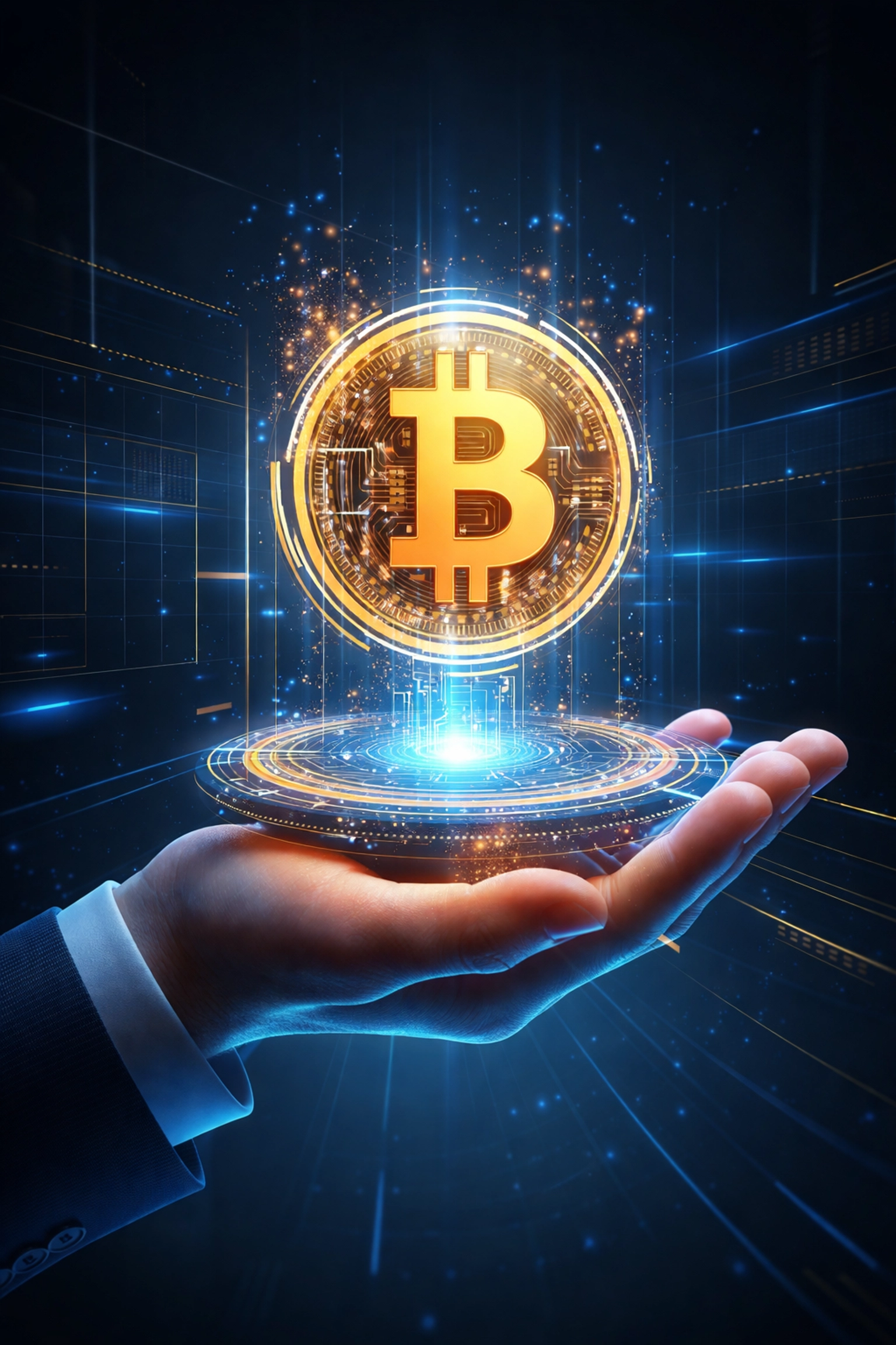 A glowing Bitcoin symbol above a hand illustrates Bitcoin's role in institutional-grade portfolio diversification.