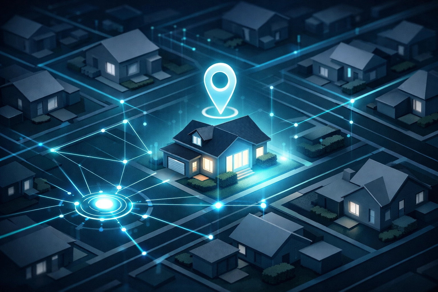 Predictive real estate leads map showing a highlighted house identified by AI data signals.