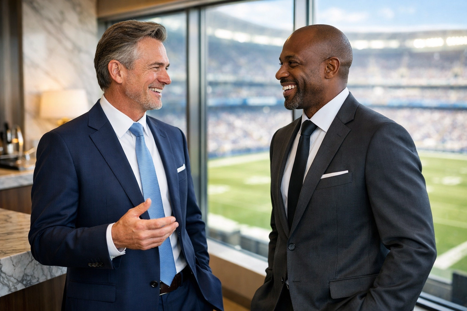 High-impact networking between corporate executives in a luxury VIP Super Bowl stadium suite.