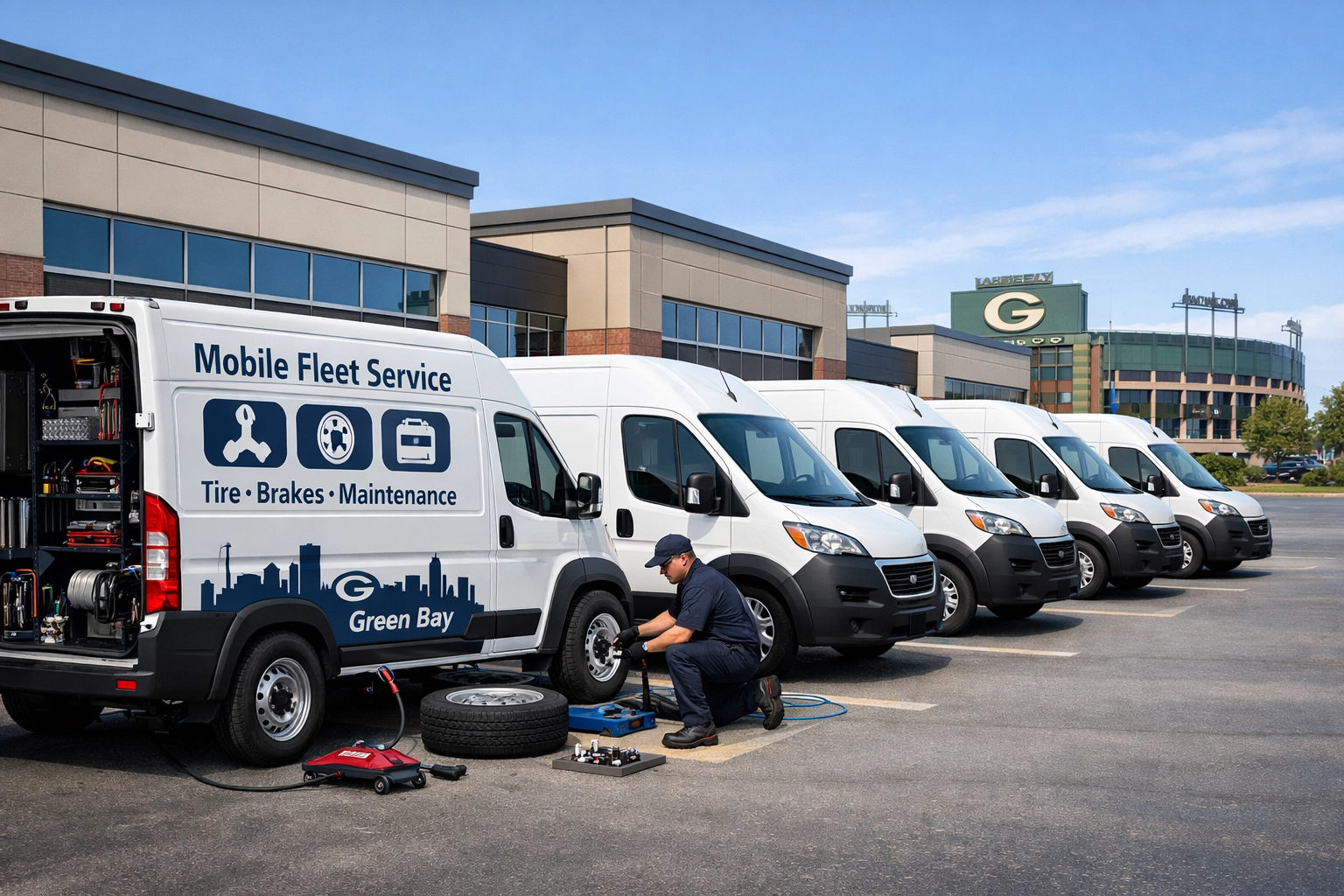 On-site fleet maintenance and tire rotation for commercial delivery vans at a Green Bay business park.