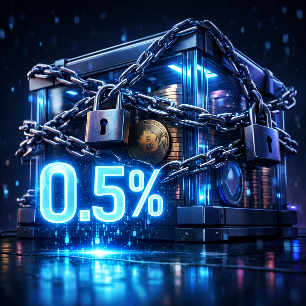 Cryptocurrency vault locked with chains showing 0.5% custody fees charged by payment processors