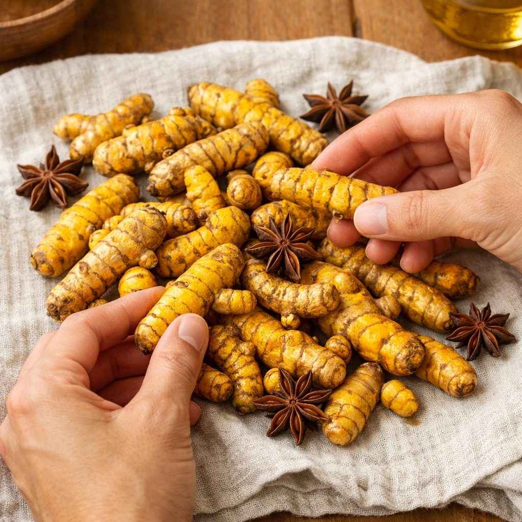 Sorting fresh turmeric roots and star anise on a linen cloth for a healthy pantry.