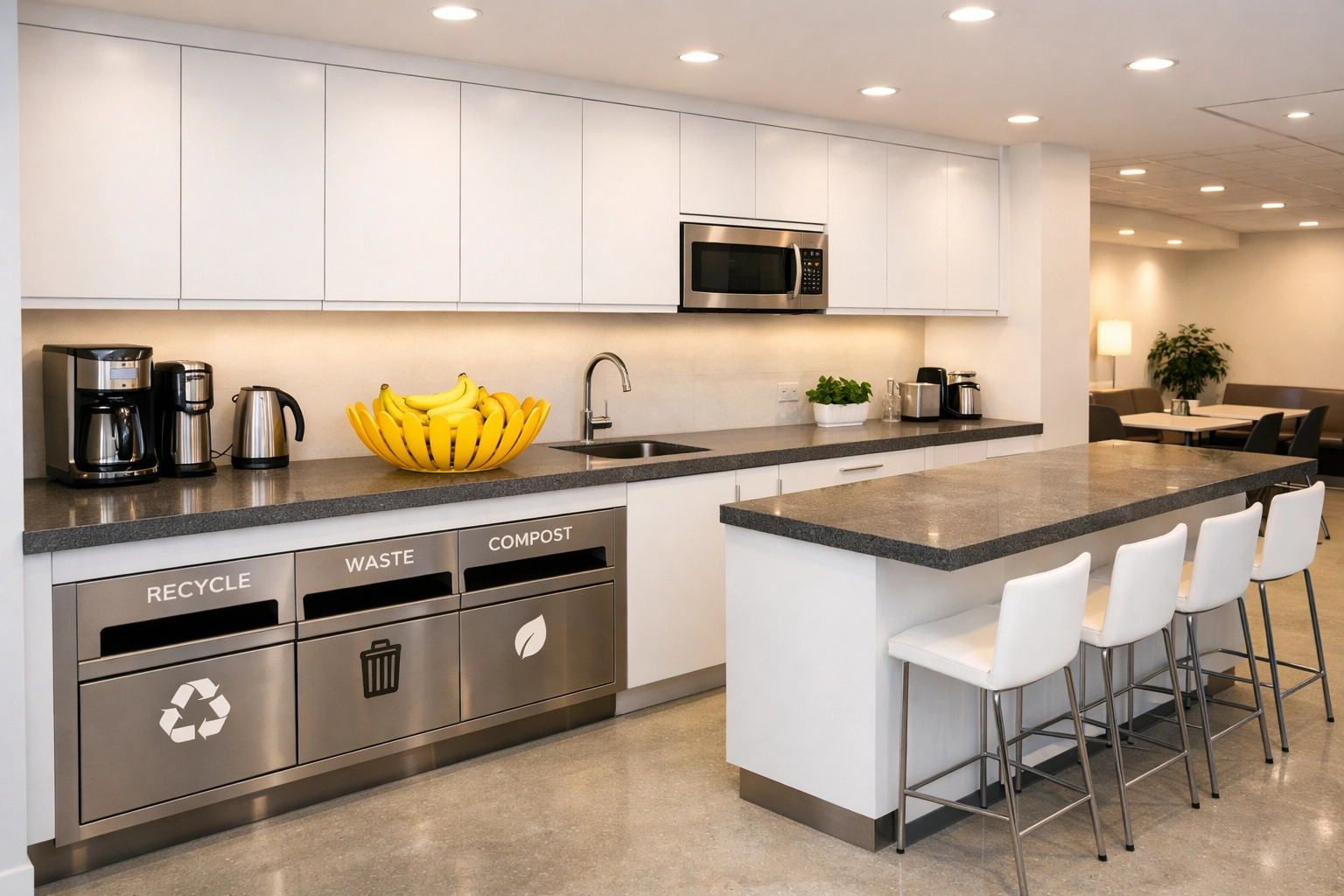 Spotless office breakroom in Hudson maintained with regular office cleaning and daily waste removal.