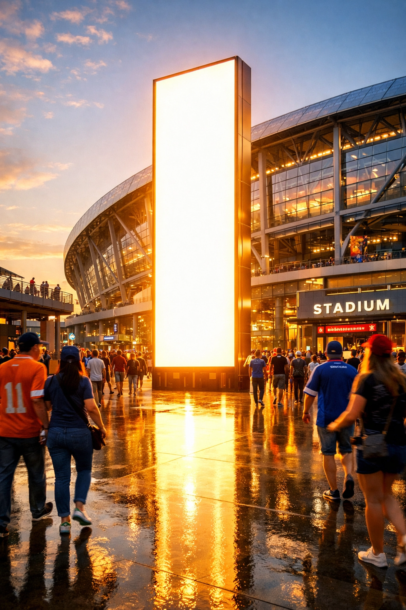 Vertical digital display outside a sports stadium engaging a crowd of fans in a smart environment.