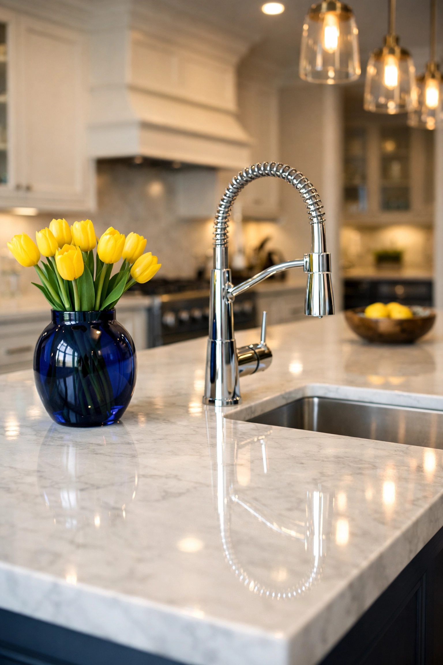 Spotless marble kitchen island following a luxury house cleaning Worcester experience.