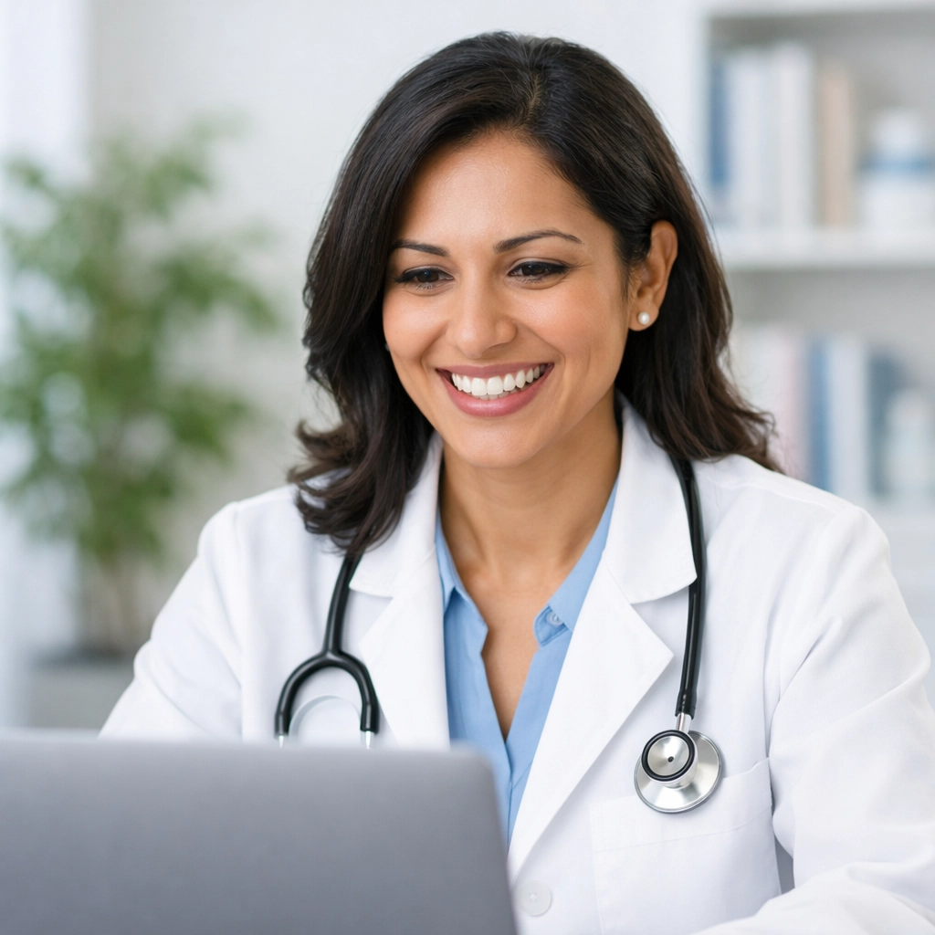 A California licensed doctor performing a telehealth weight loss consultation via a laptop video call.