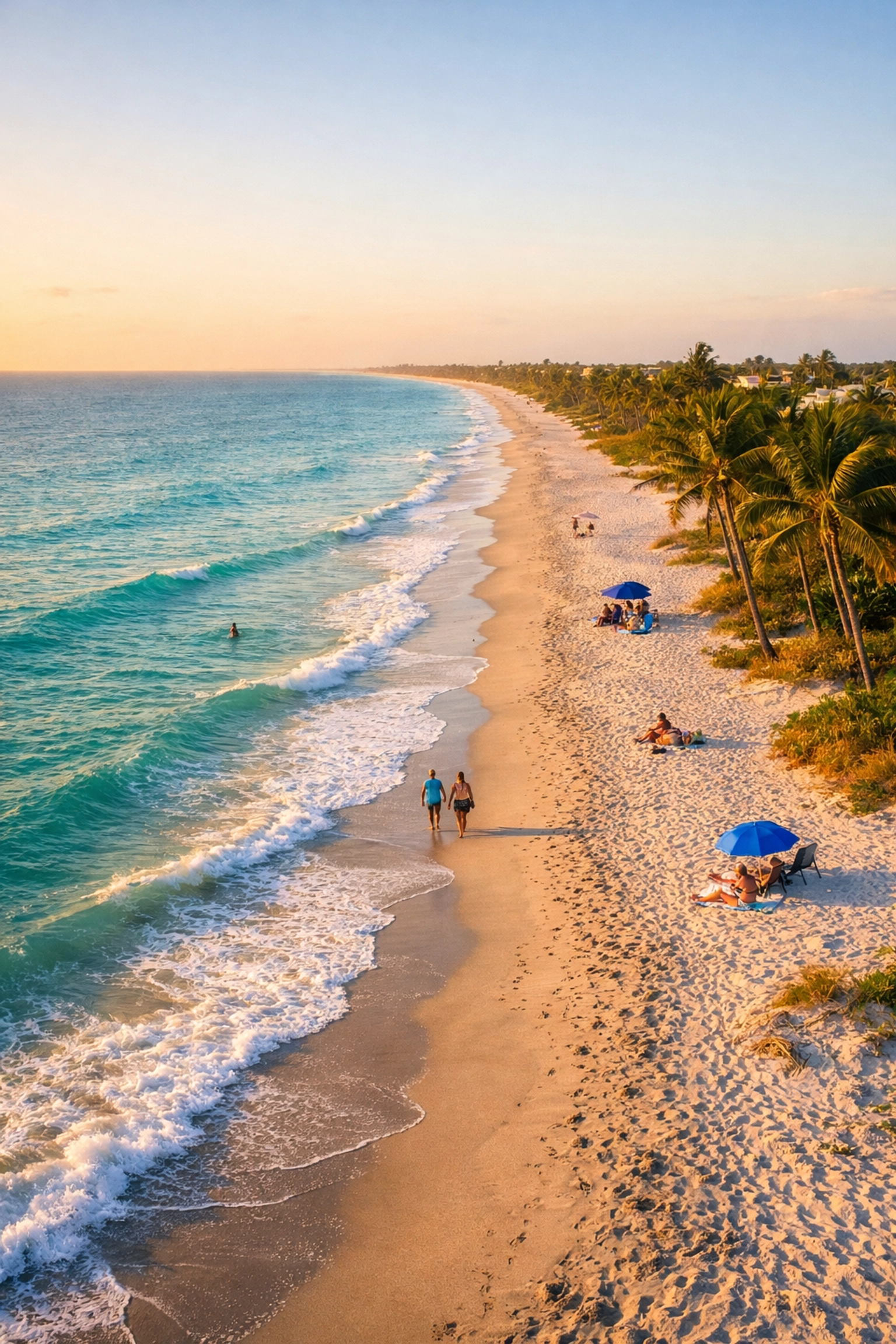 Pristine uncrowded Treasure Coast beach with turquoise waves and palm trees at golden hour