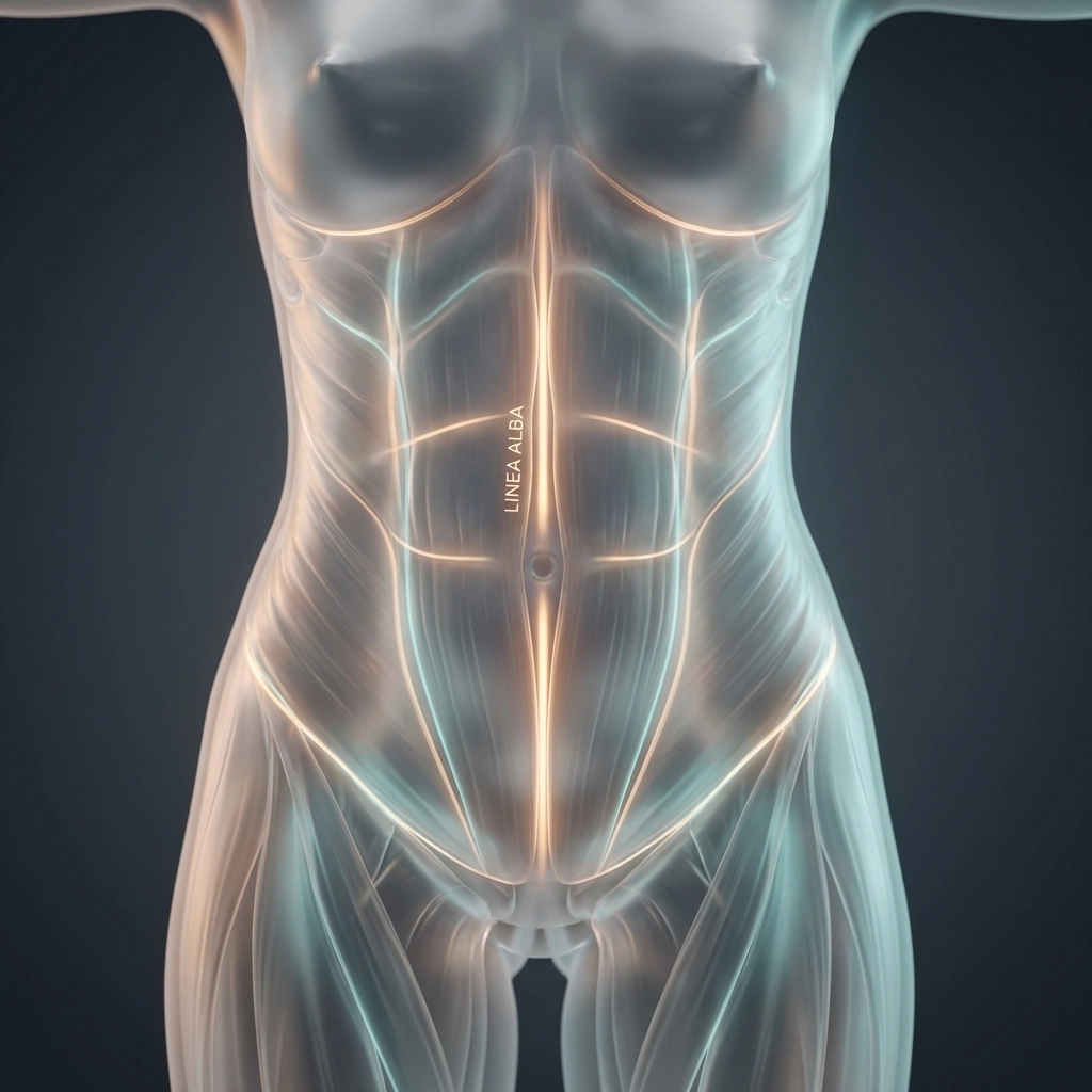 Medical visualization of the female deep core and abdominal wall muscles during postpartum healing.