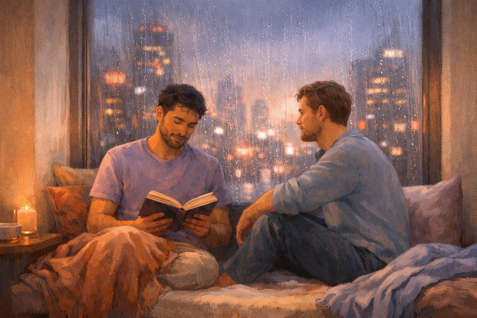 Two men relaxing by a window during a rainstorm, illustrating the emotional slow burn of queer fiction books.