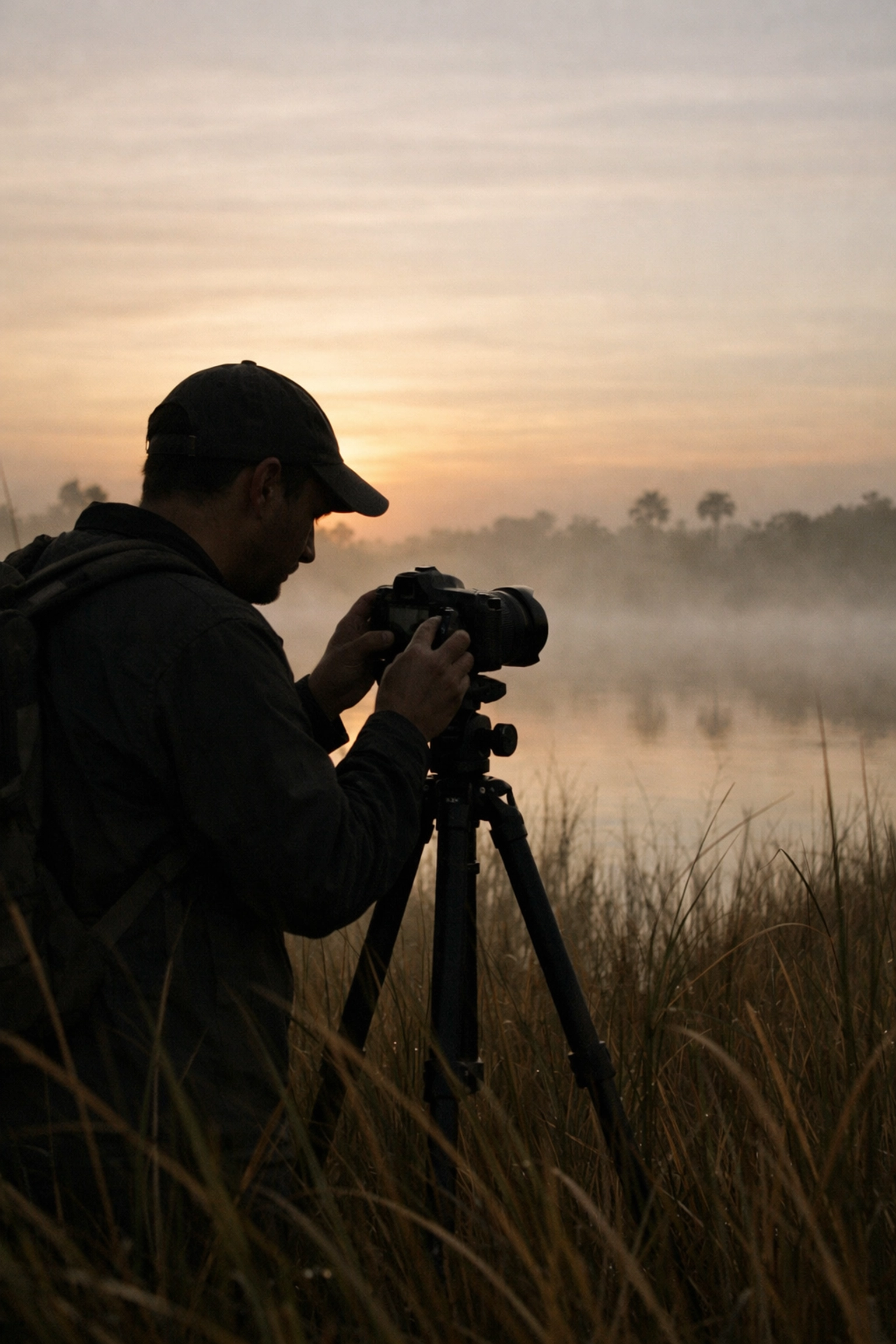 Photographer in the Everglades at sunrise, capturing ethereal photography with a professional camera.