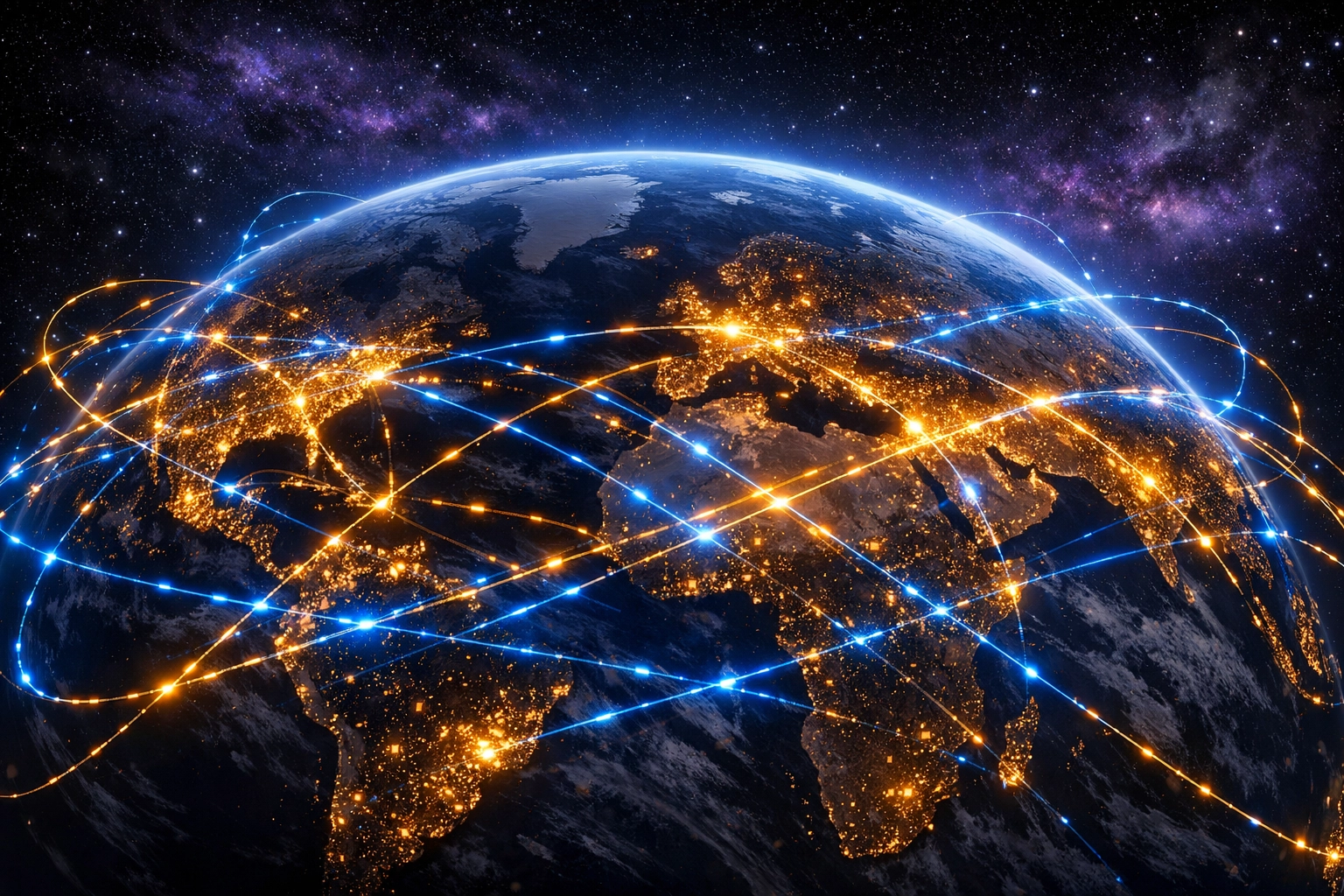 Global map with glowing paths representing borderless international crypto payments and instant settlement networks.