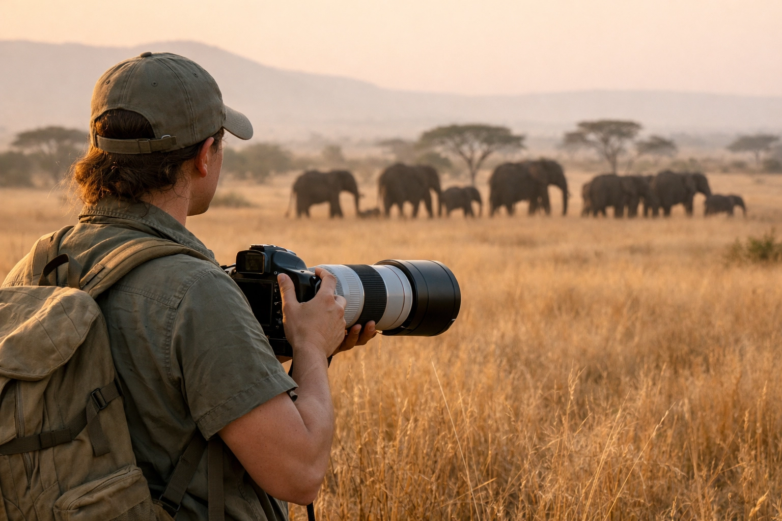 Conservation researcher observing elephants in the African savanna, documenting wildlife habitats.