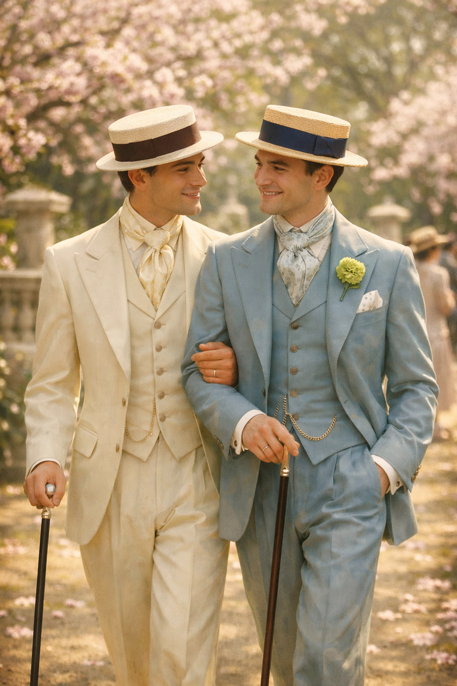 Two gay men in vintage 1920s suits walking in a spring garden, symbolizing historical Sunday Best fashion.