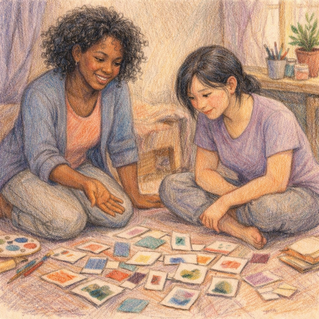 Creative coach guiding client through small sketches to break through creative block step by step