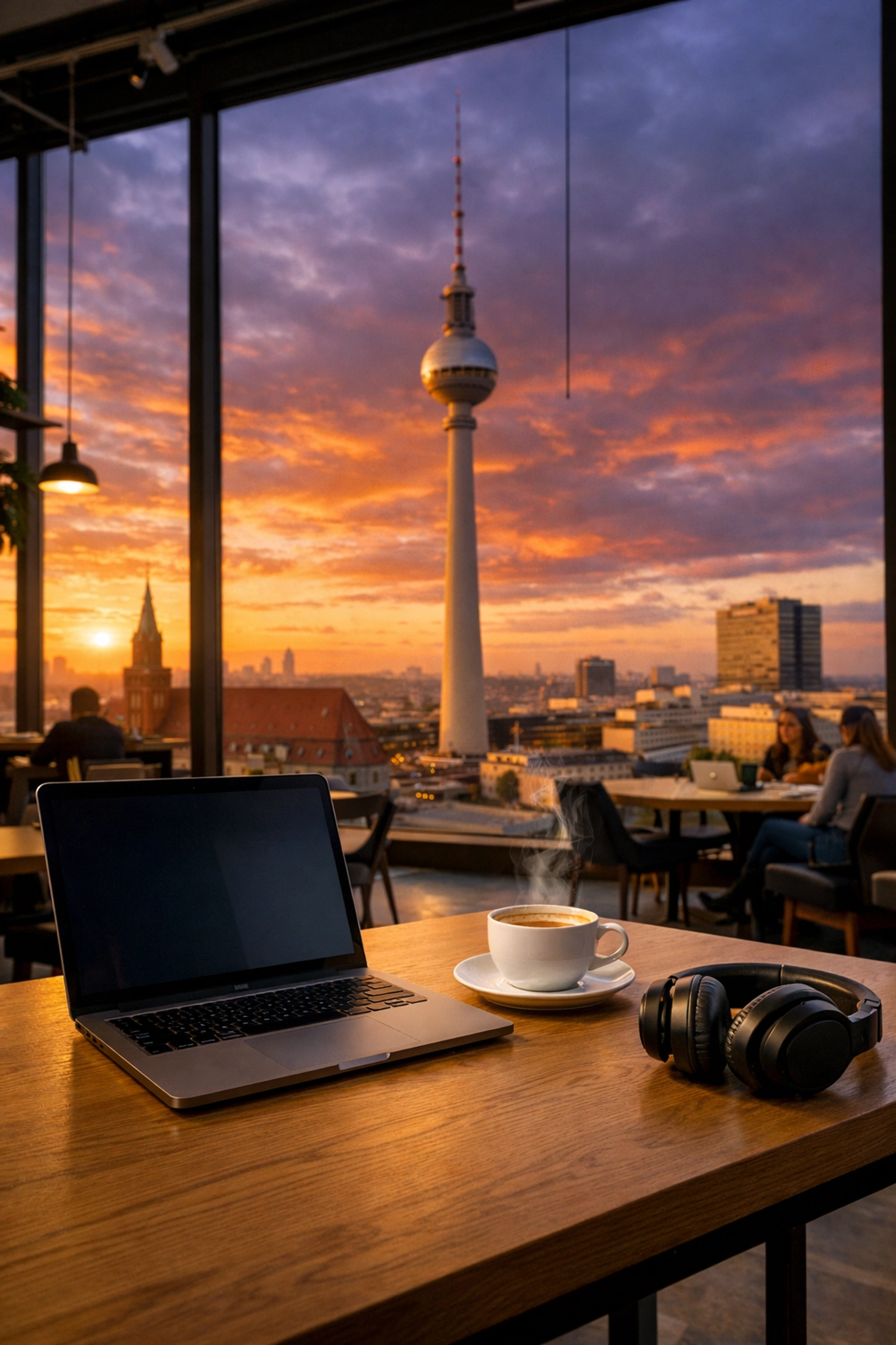 Modern co-working office in Berlin with a view of the TV Tower at sunset for international business calls.