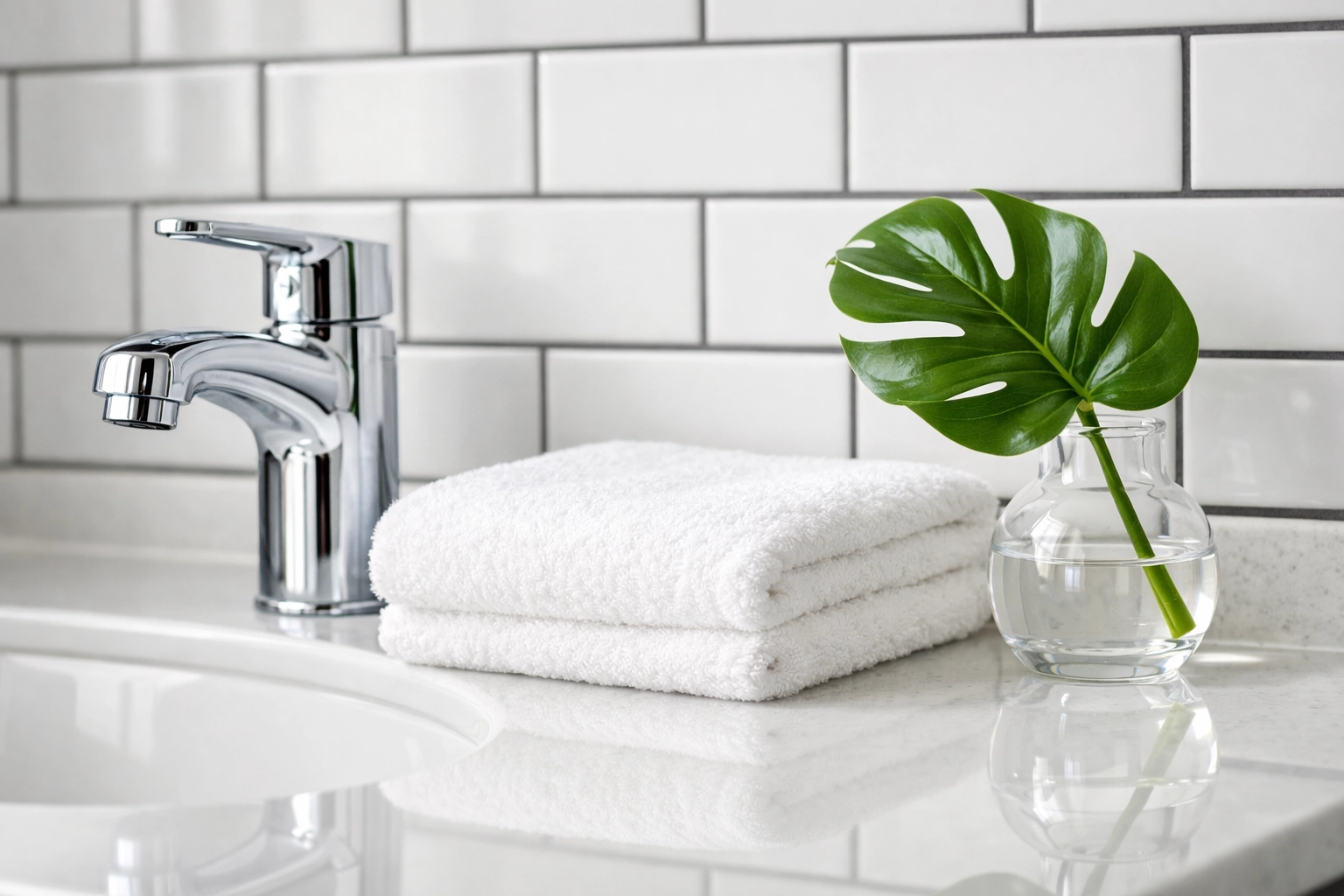 A spotless modern bathroom vanity with a folded white towel, showcasing a professional move-out cleaning standard.