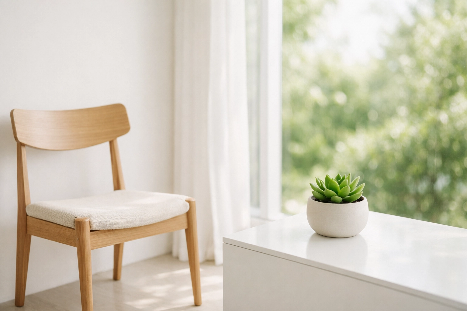 A clean, sun-drenched room with a green plant, illustrating mental peace through physical order and stewardship.