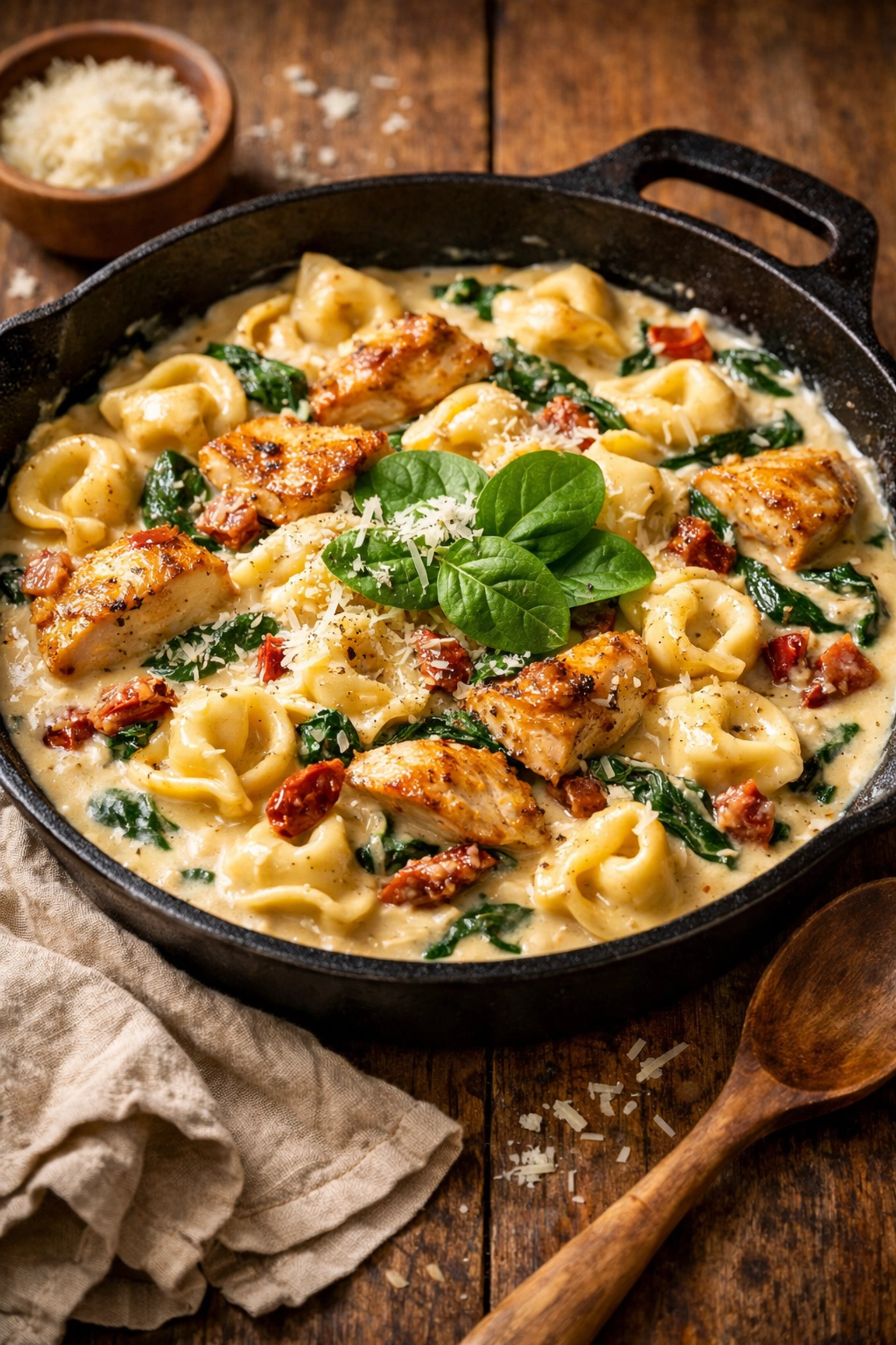 Creamy Tuscan chicken tortellini with spinach and sun-dried tomatoes in a skillet - easy weeknight dinner