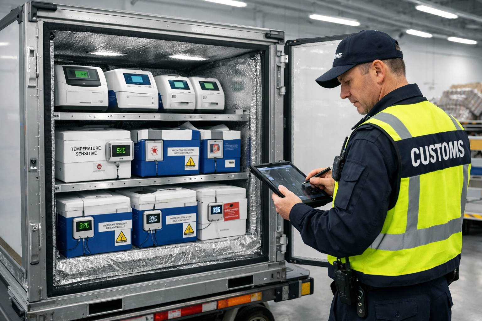 Temperature-controlled pharmaceutical container inspection at customs with medical equipment