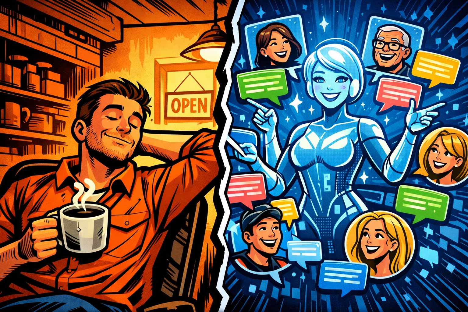 Small business owner relaxing while AI virtual assistant handles multiple customer support conversations