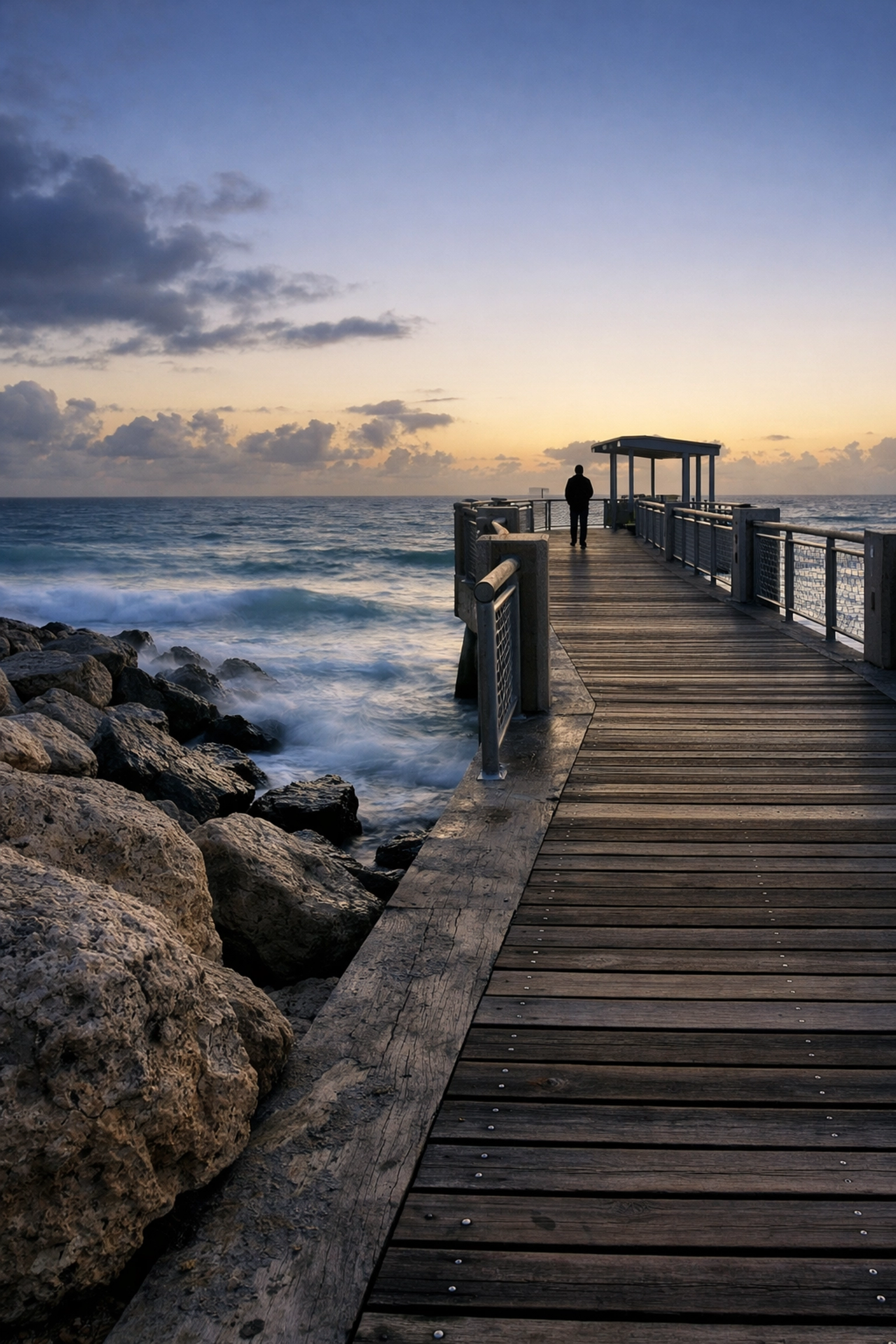 Silhouette of a photographer on South Pointe Park Pier during a Miami sunrise at dawn.