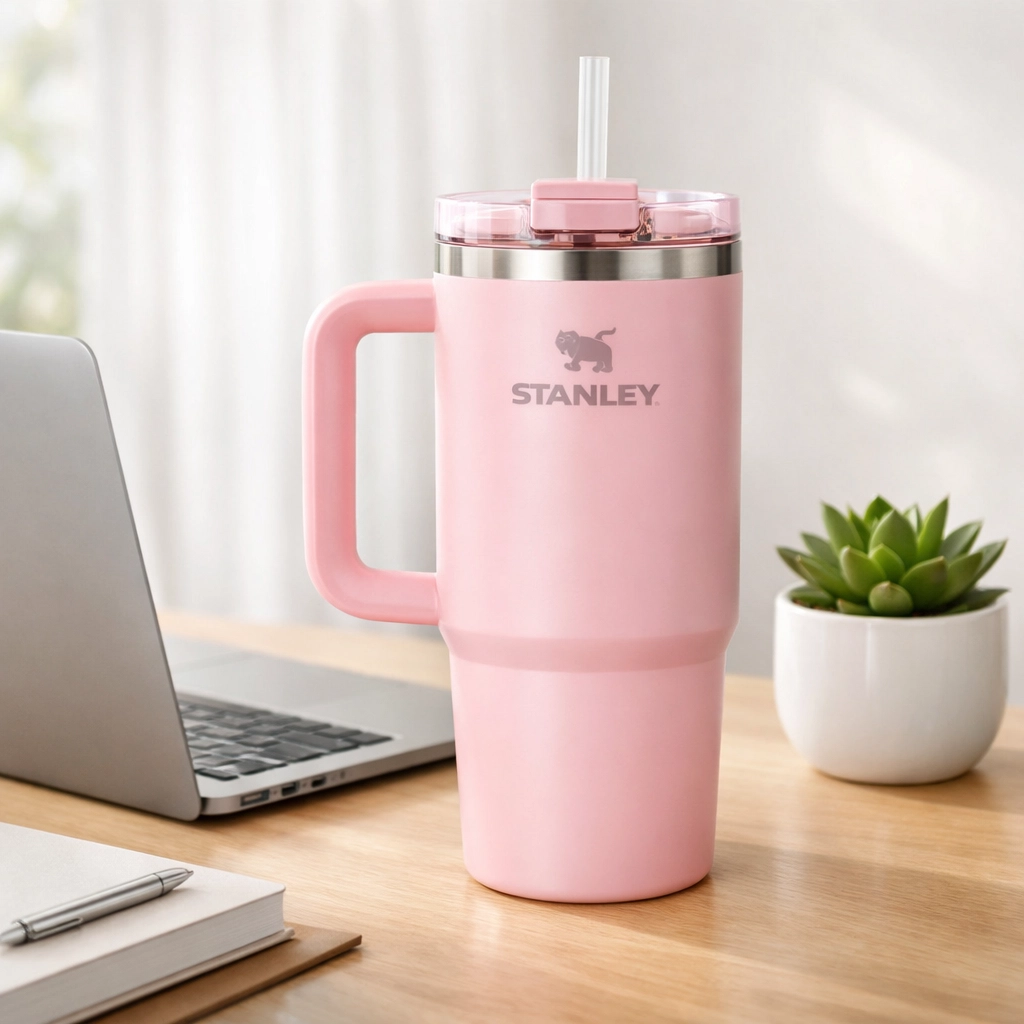 Cherry Blossom Stanley Quencher 40oz on a minimalist desk to boost productivity and hydration habits.