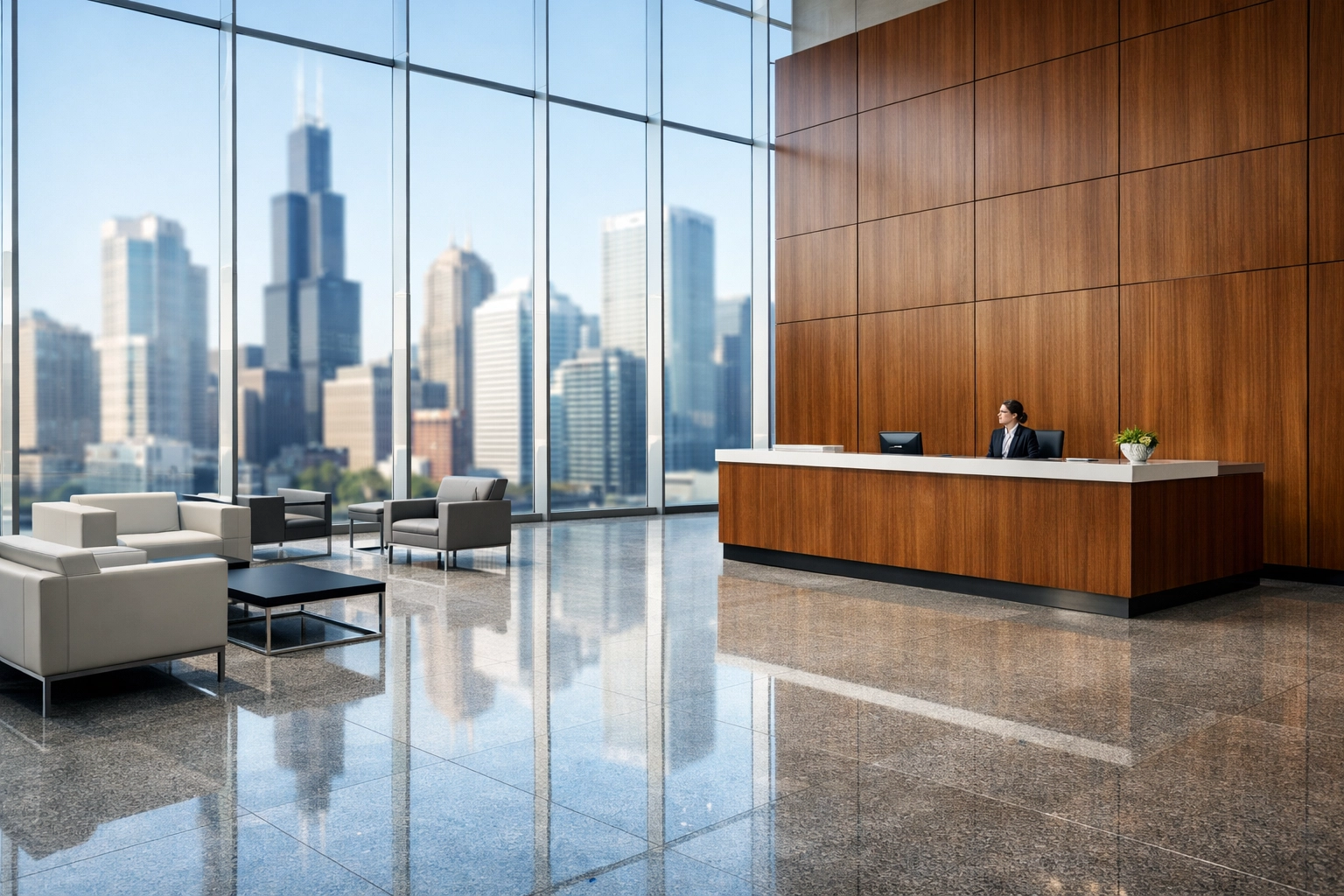 Clean Chicago corporate lobby with polished granite floors and professional reception area.