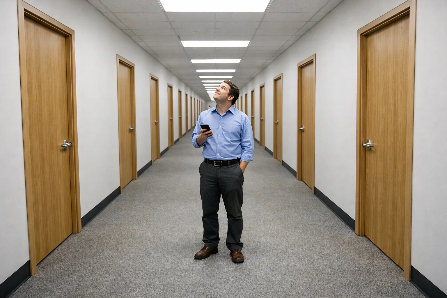 Person in an empty clinic hallway, representing the difficulty of finding actual providers in ghost networks.