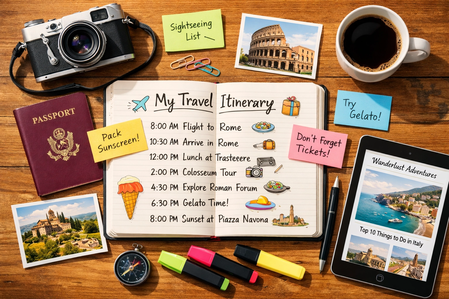 Custom travel itinerary planning essentials including journal, passport, and destination photos
