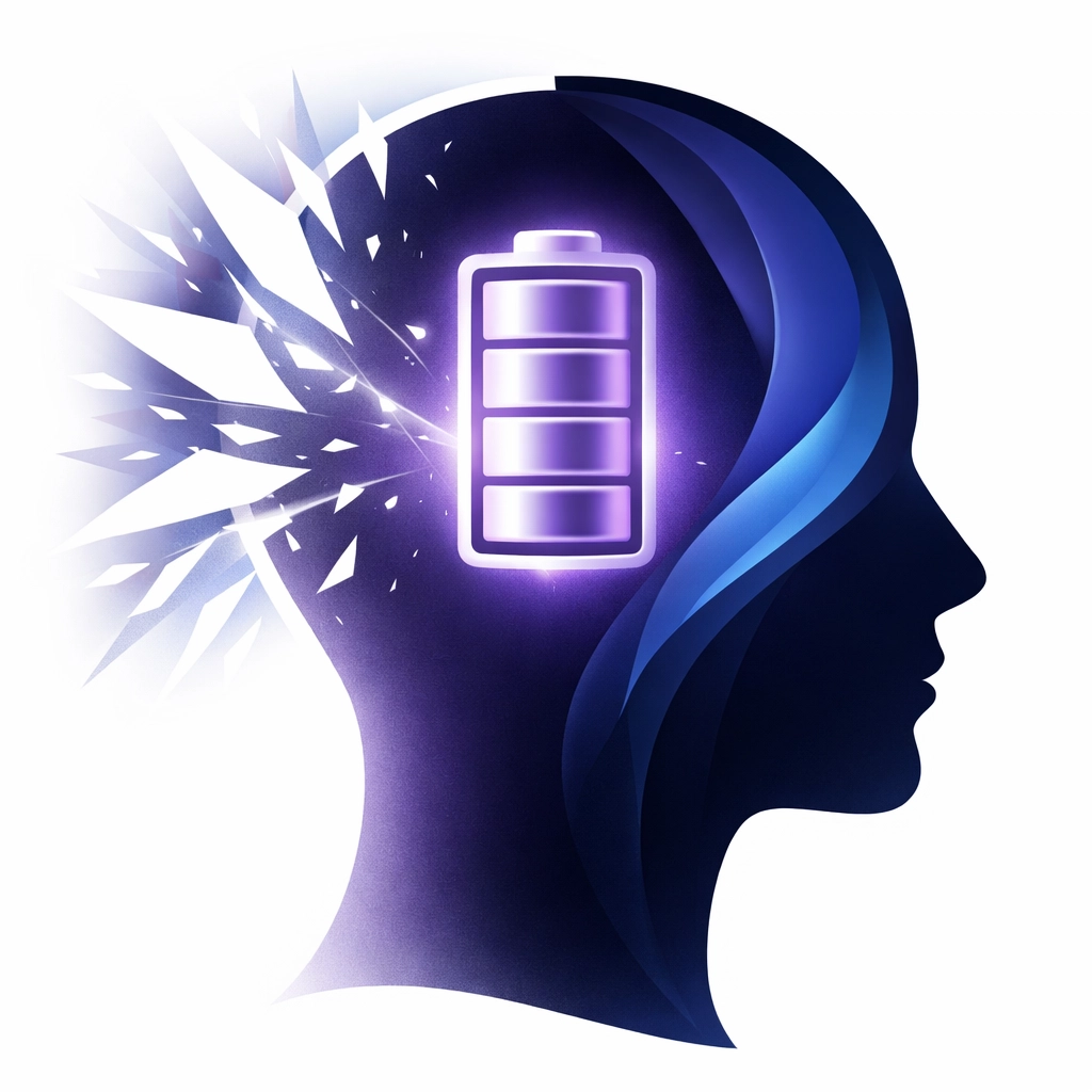 Silhouette of a head showing brain energy battery protected by dark mode from sensory overload.