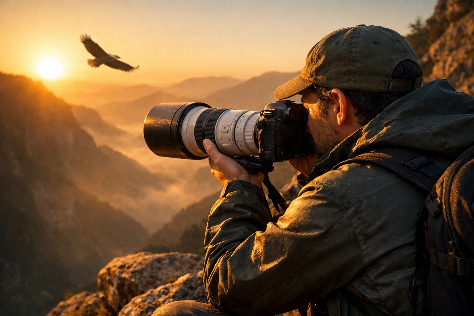 Professional photographer using a high-end mirrorless camera for landscape photography and wildlife at sunset.