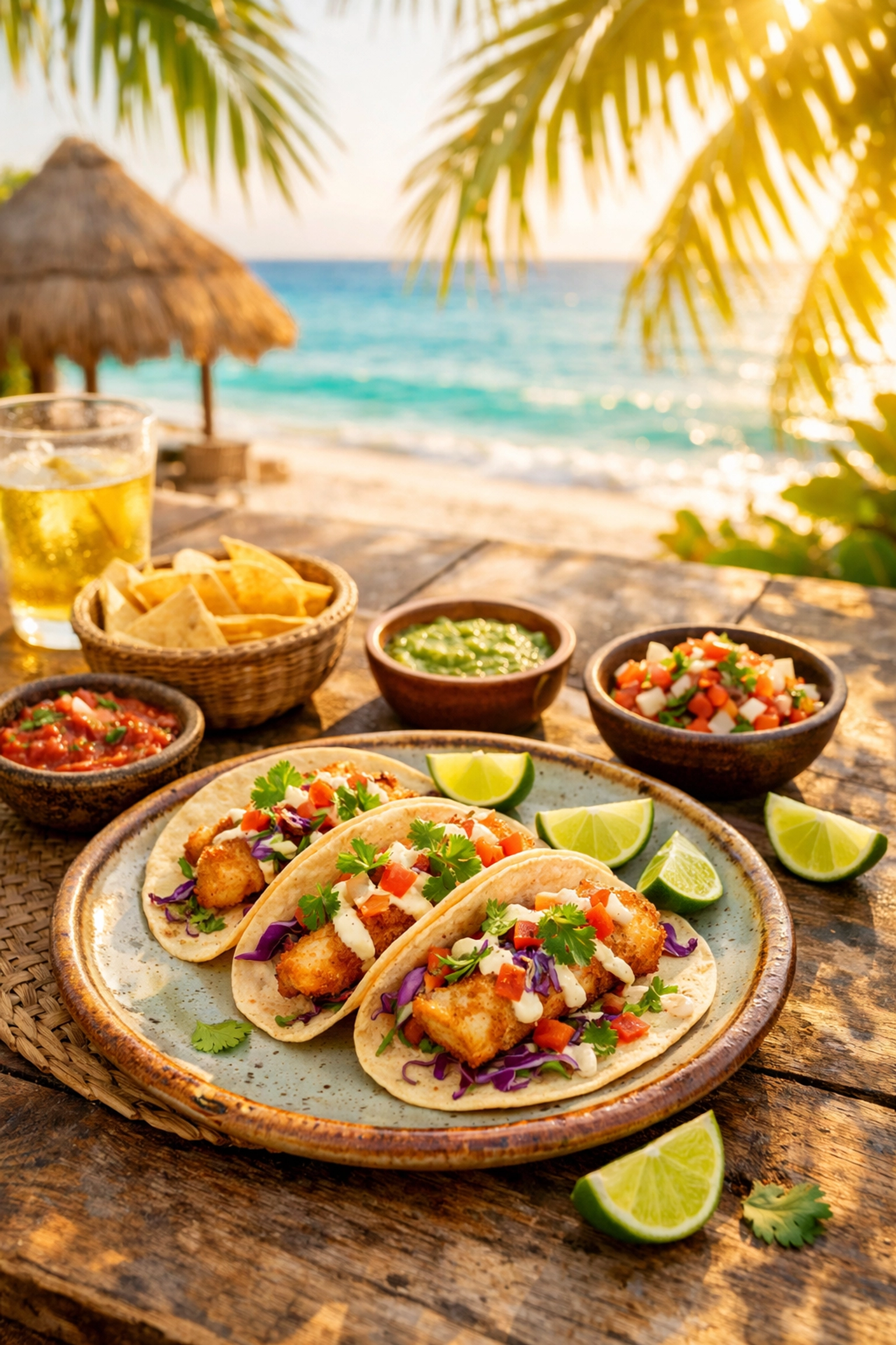 Fresh fish tacos on beachside table in Mexico with Caribbean Sea view at sunset