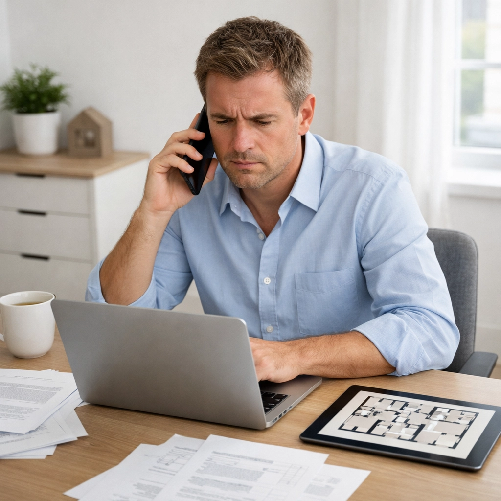 Property manager coordinating apartment turnover on phone while reviewing floor plans at desk