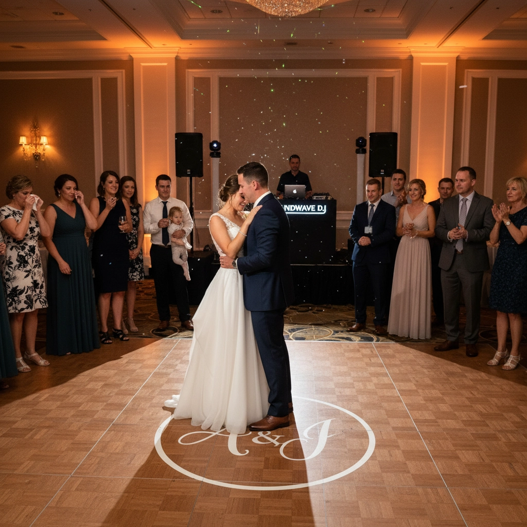 Bride and groom share a first dance on a parquet floor with "A & J" initials. Guests in formal attire watch, and a DJ plays music. Elegant setting.