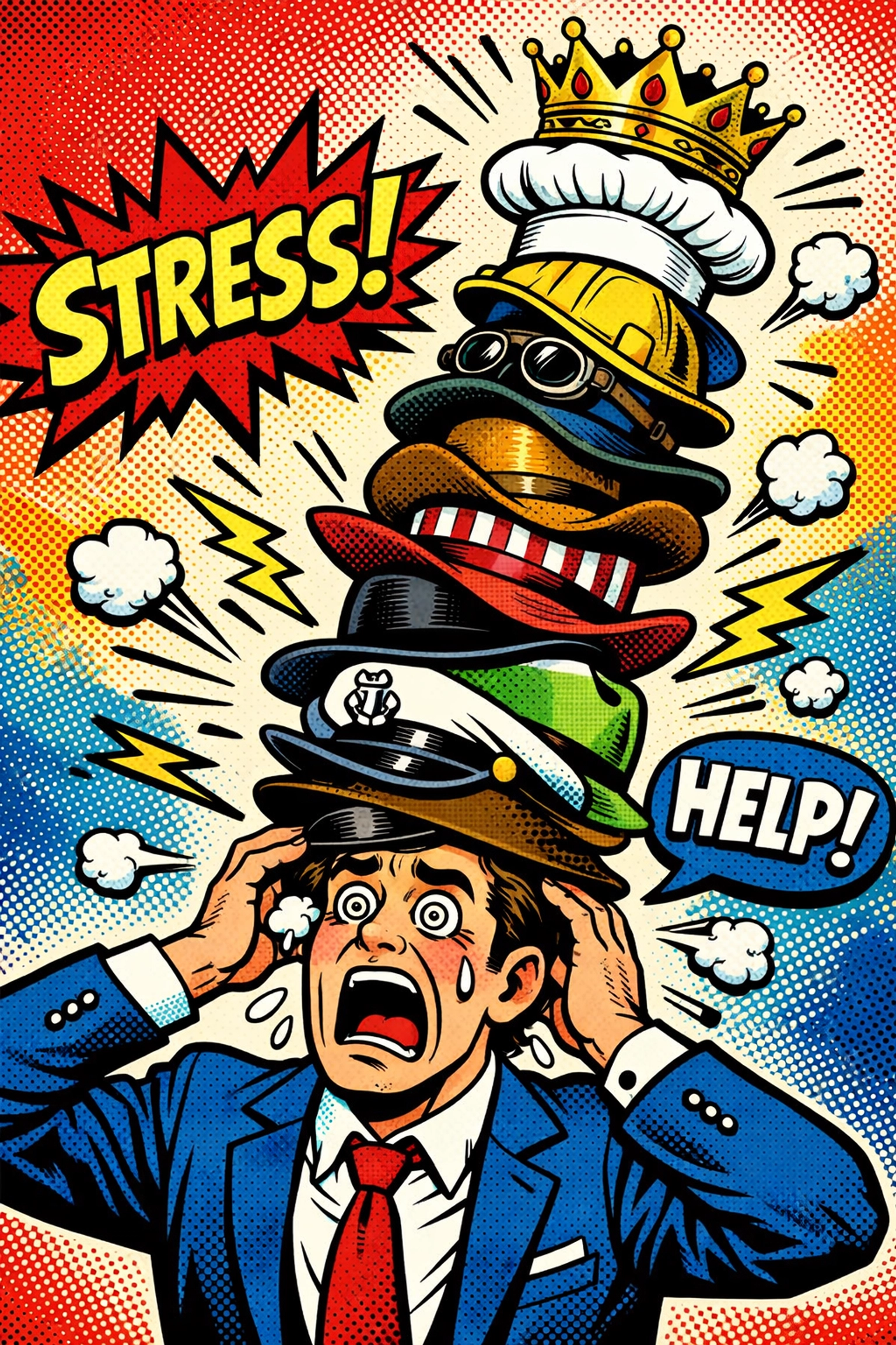 Overwhelmed business owner wearing many hats before adopting AI business automation.