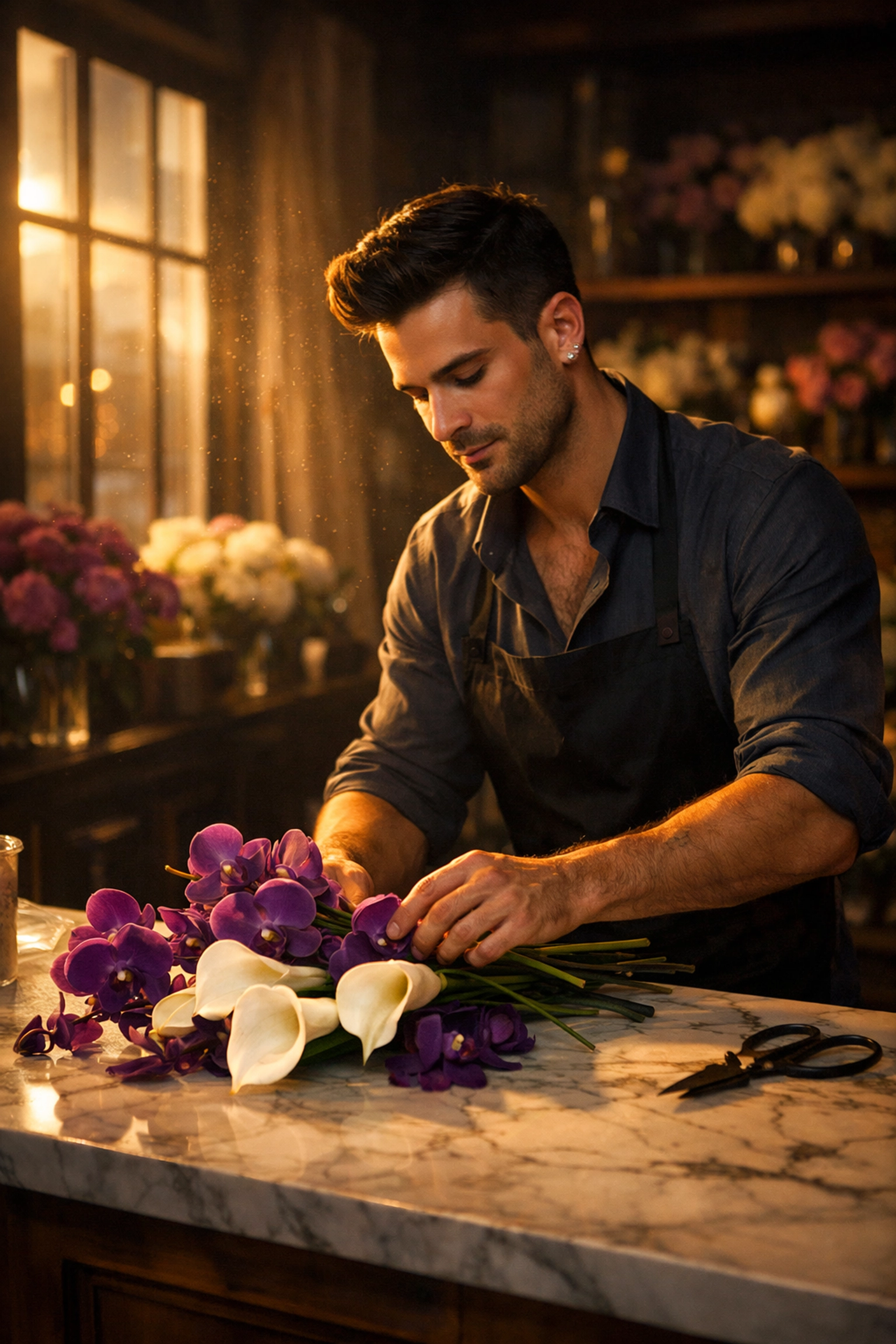 Gay florist arranging exotic orchids and lilies in luxury flower shop for wealthy clients