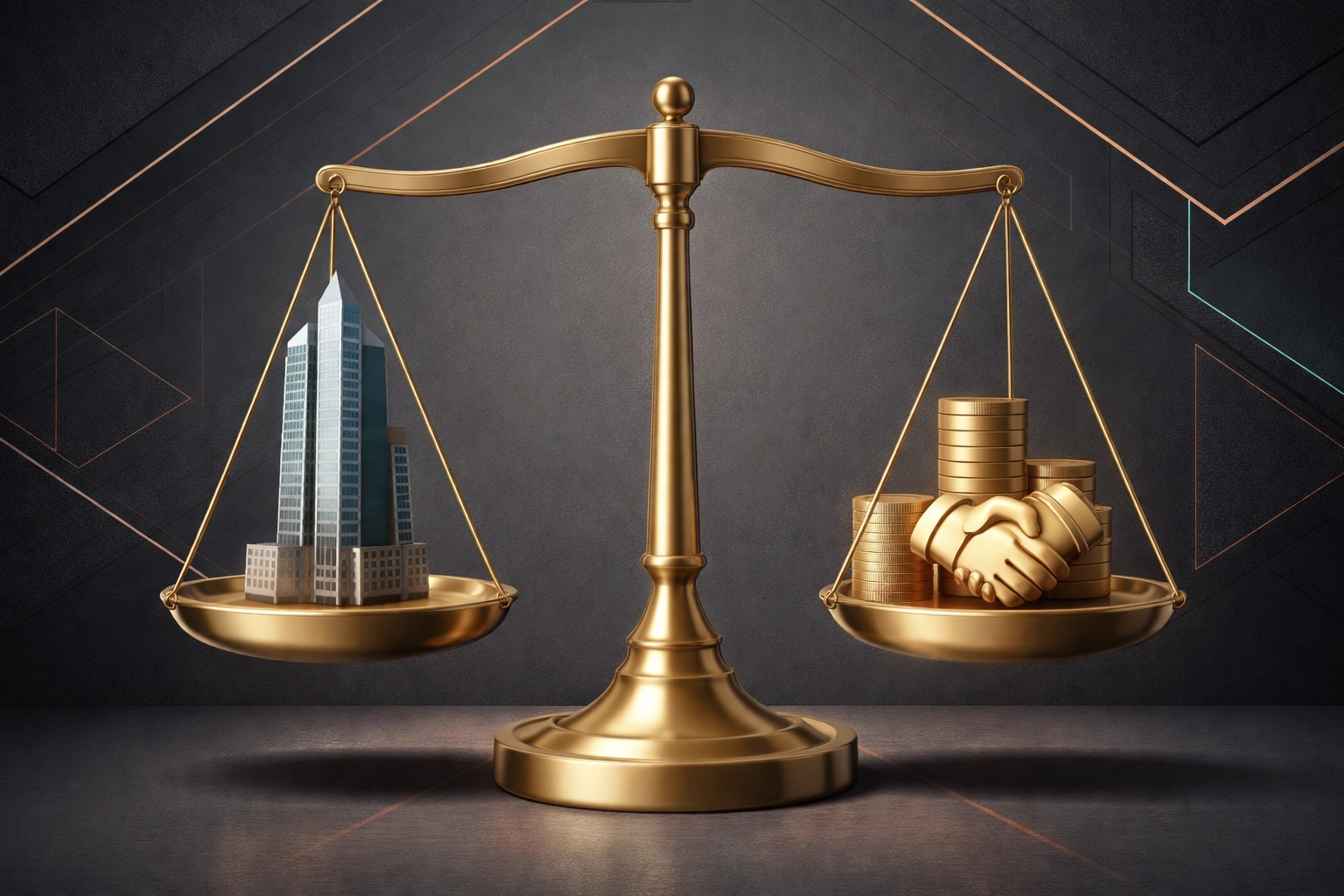 Balanced gold scales featuring a skyscraper and coins, symbolizing governance and alignment in institutional real estate syndication.