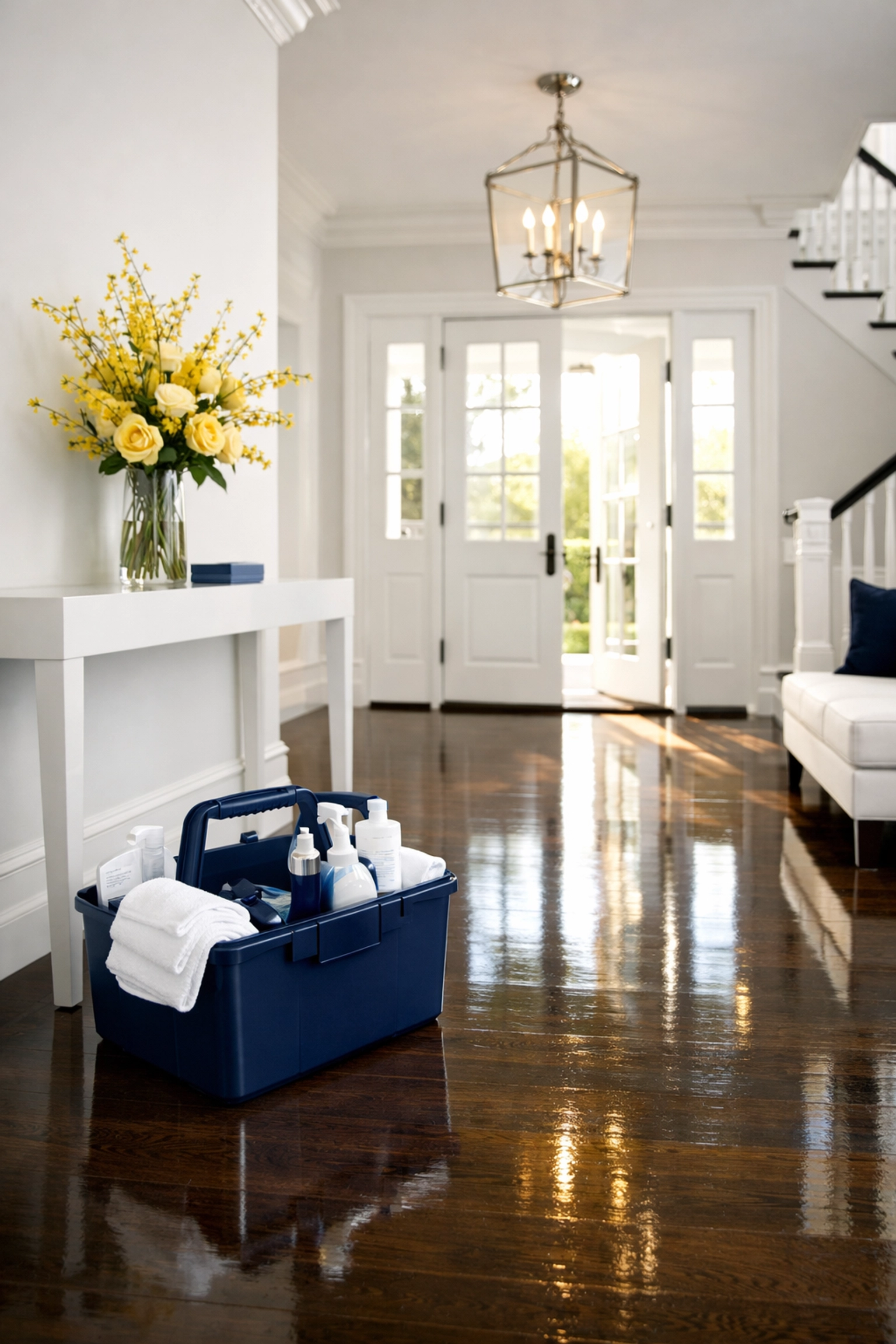 Professional cleaning caddy in a luxury home entryway, reflecting the safety of cleaning services near me.
