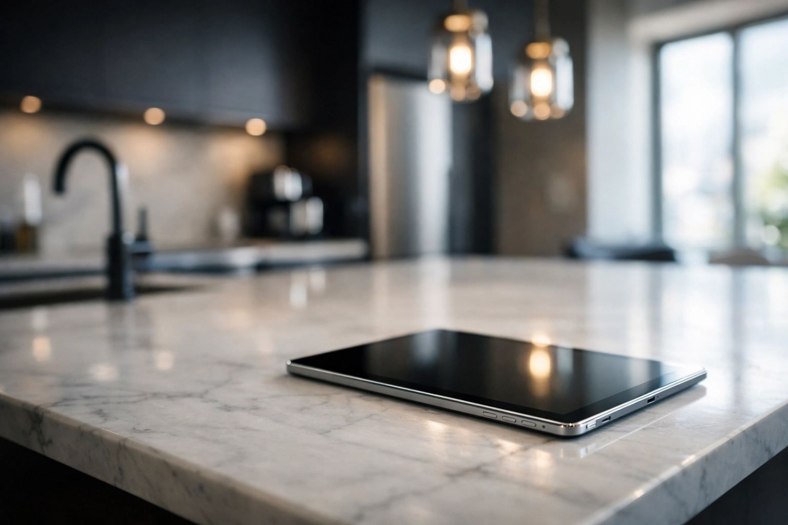 Professional tablet on a luxury kitchen island representing dynamic pricing tools for Vancouver Airbnbs.