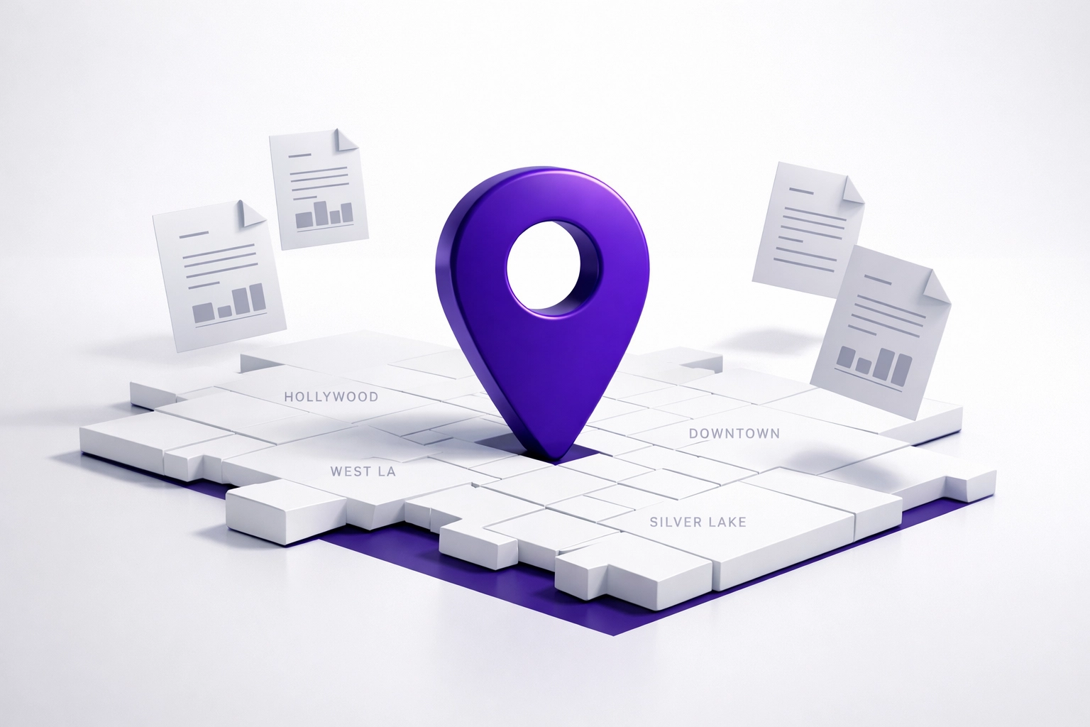 Purple location pin over an LA map representing local bookkeeping services and tax compliance.
