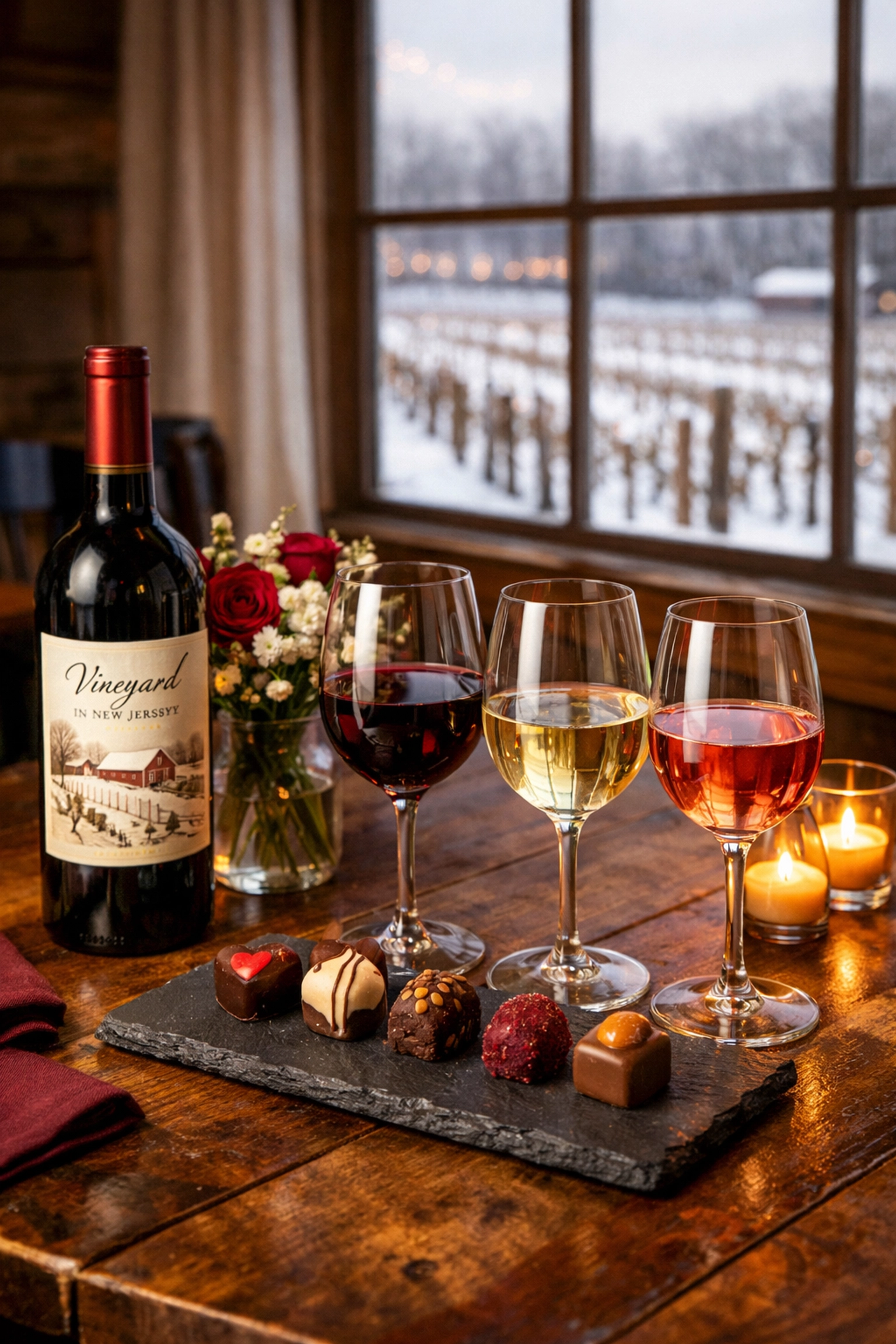 New Jersey wine and chocolate tasting display for Valentine's Day weekend