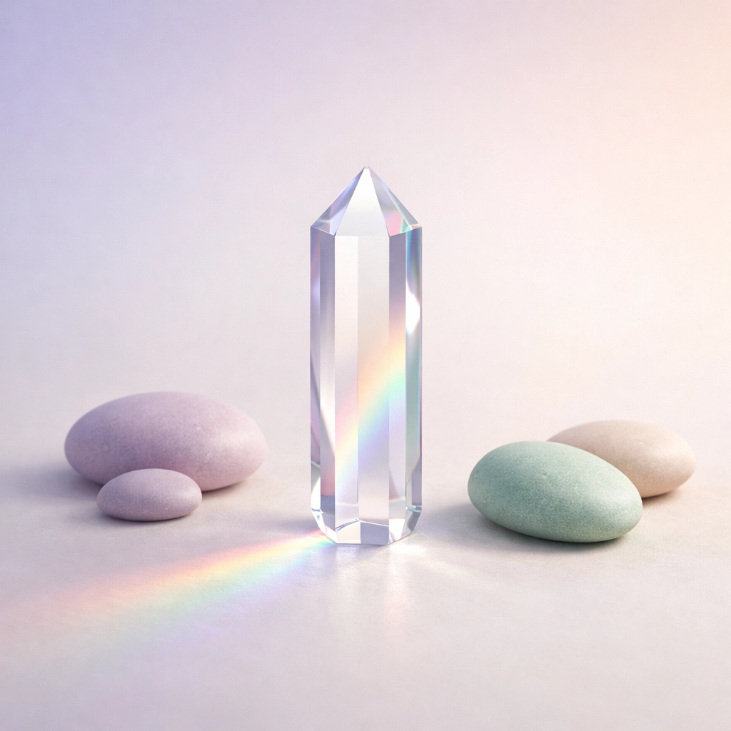 Crystal prism reflecting light among stones, illustrating the resilient and unique queer perspective in leadership.
