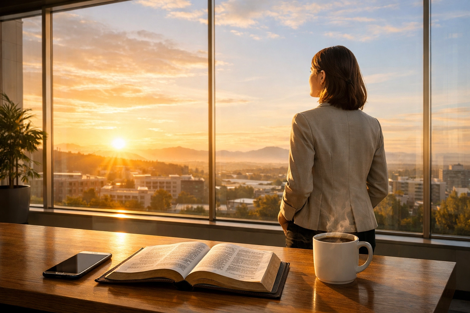 Woman studying the Bible and podcasts at sunrise. Boundless Online Church, FA Memphis, First Assembly Memphis.