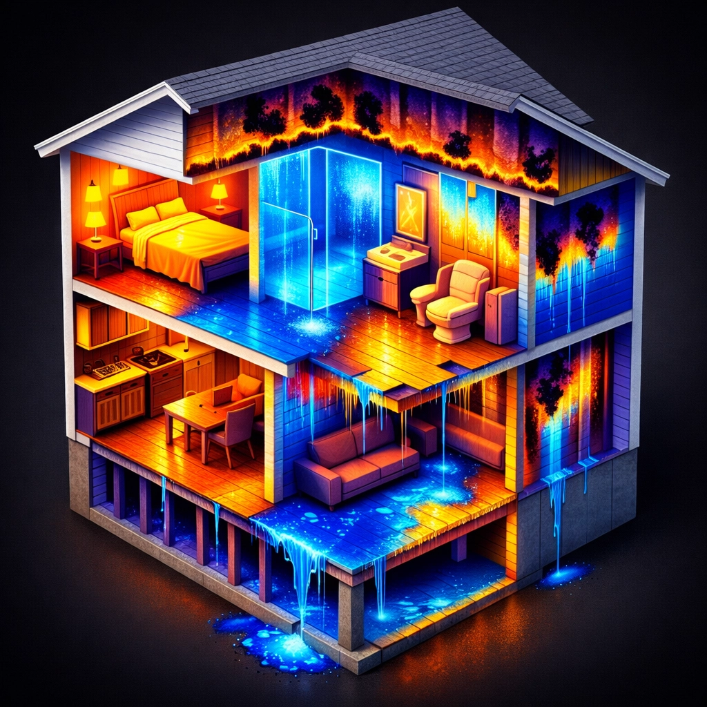 Hidden water damage behind walls and under floors revealed in home cross-section with mold growth