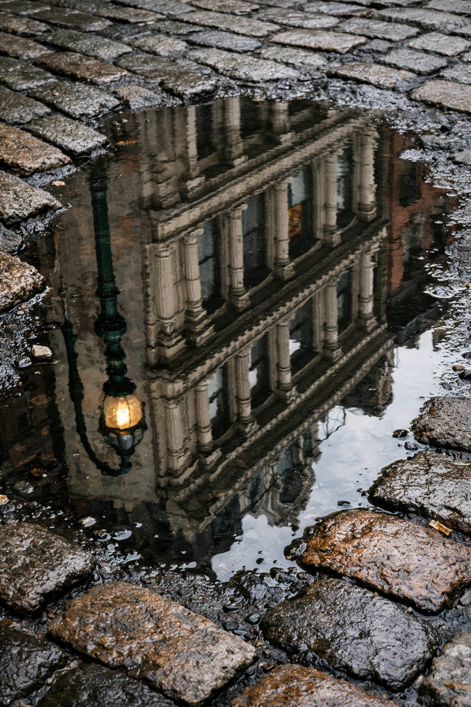 Detailed urban photography showing a building reflection in a SoHo cobblestone street puddle.