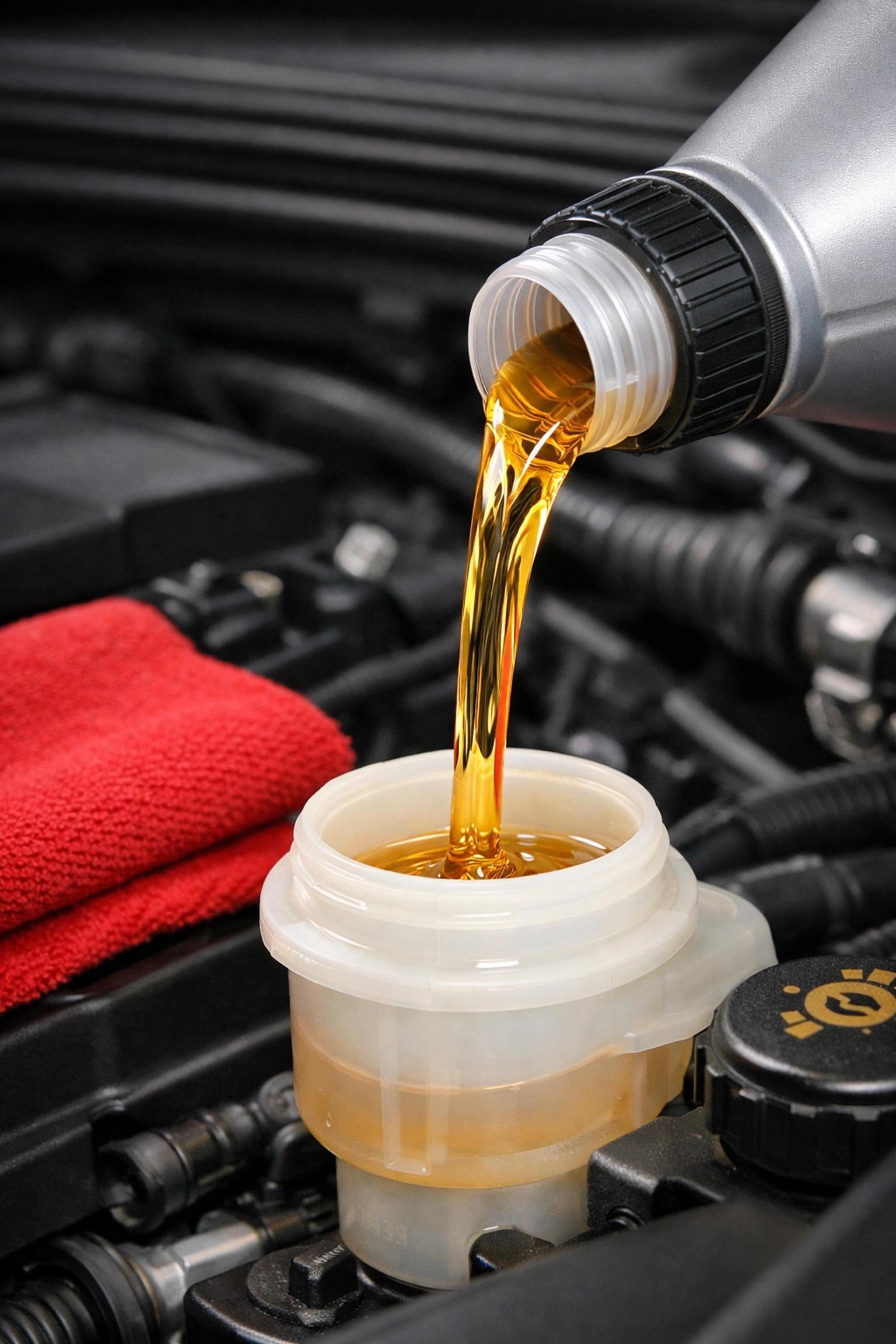 Fresh amber brake fluid being poured into a car reservoir during preventative maintenance in Aliso Viejo.