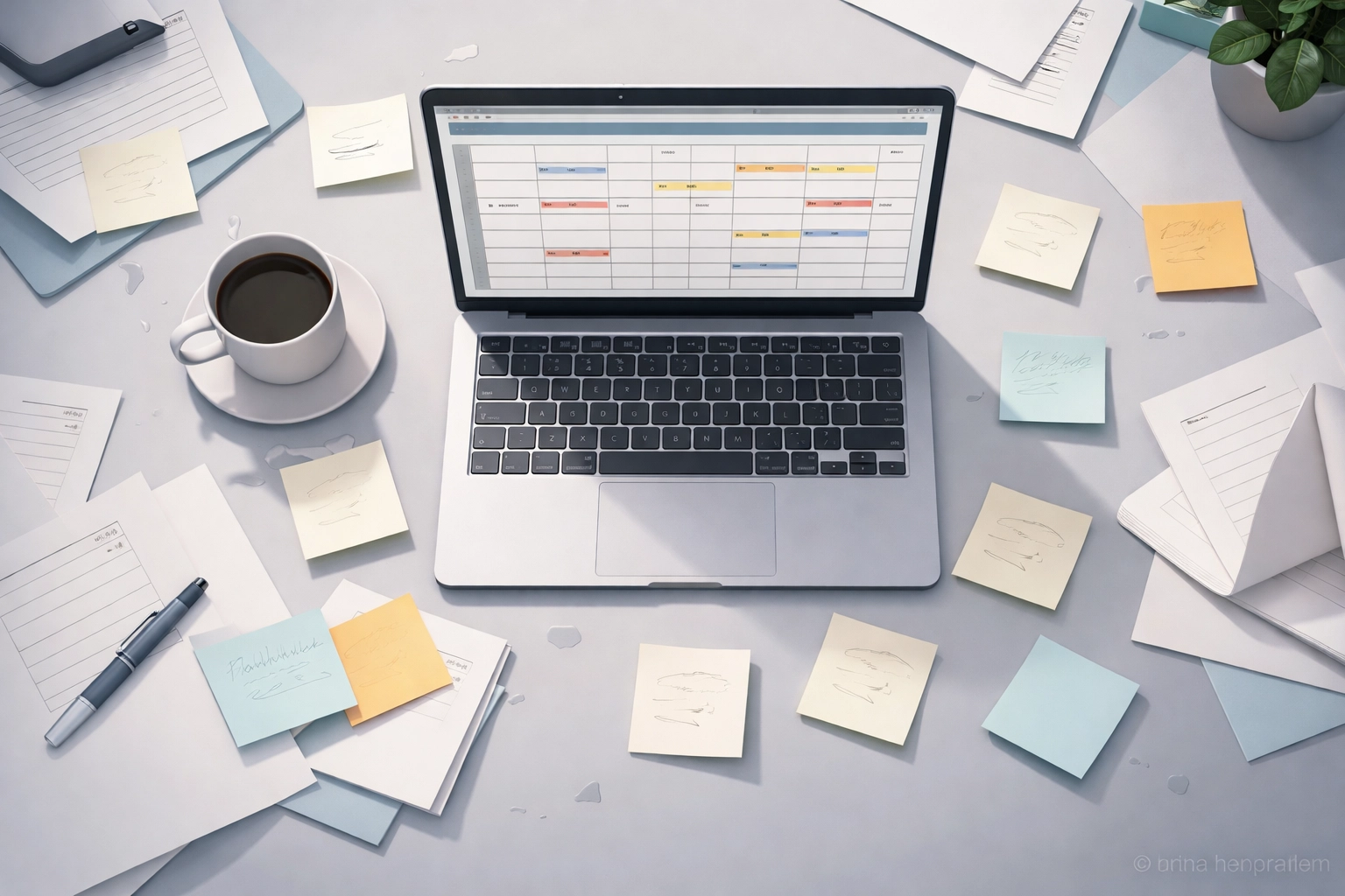 Messy office desk with a laptop showing a cluttered sales spreadsheet, symbolizing SMB workflow inefficiency.