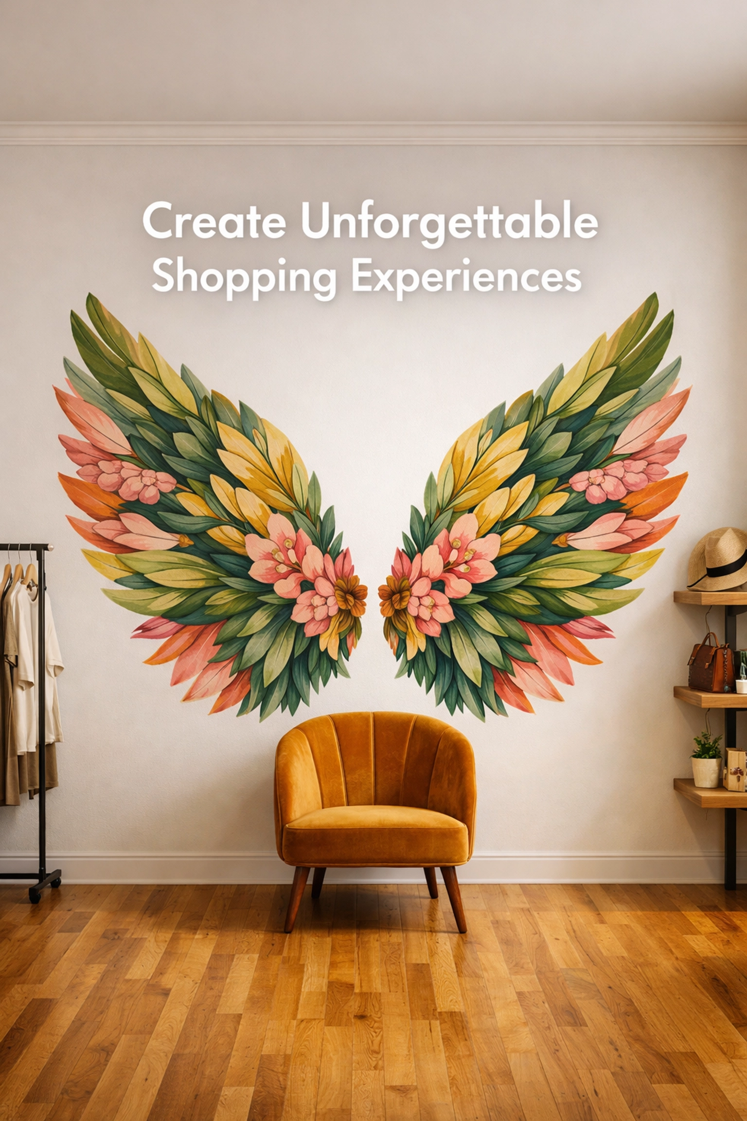 Vibrant botanical wings wall mural in a Knoxville retail shop, designed as a social media selfie spot for shoppers.